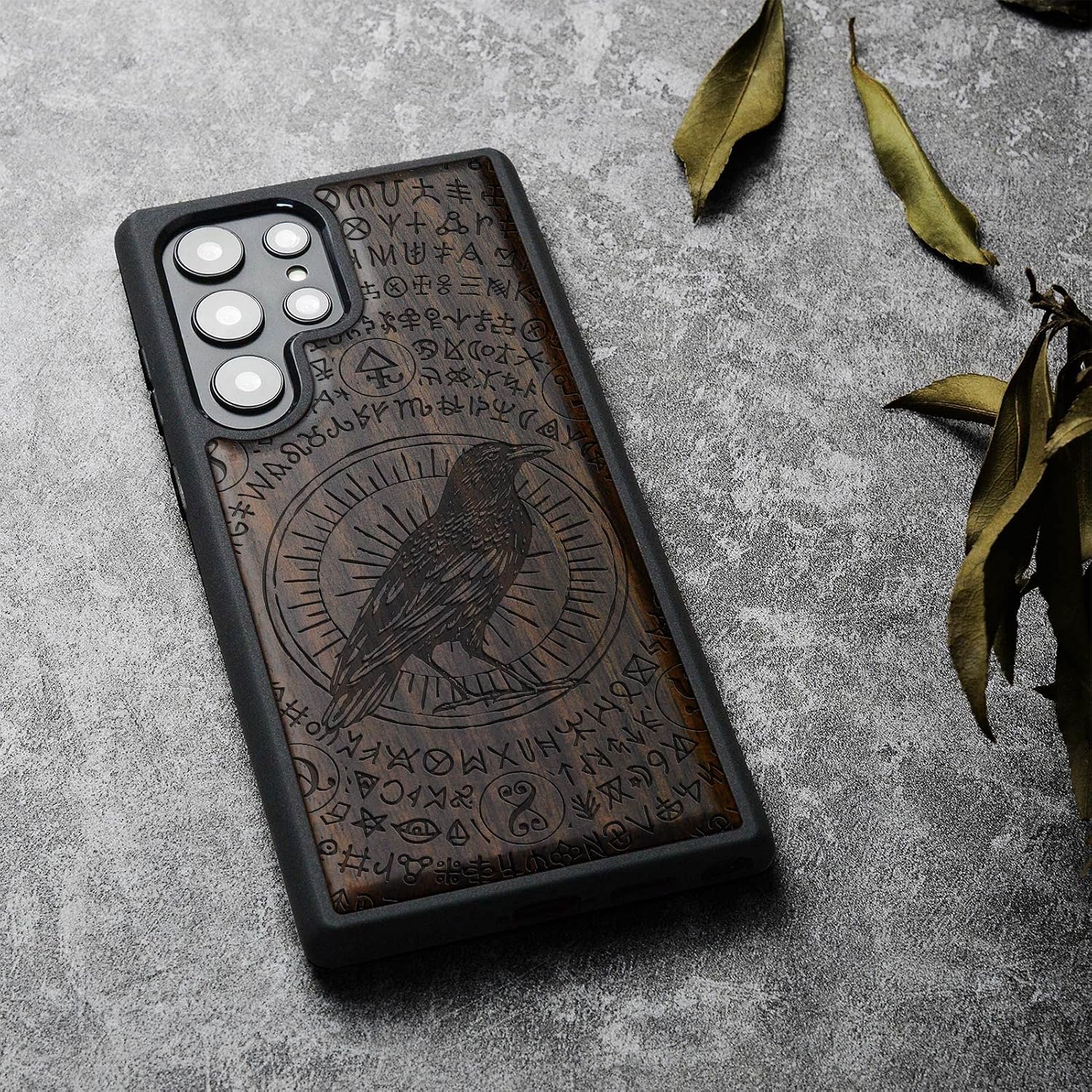 Carveit Wood Case for Galaxy S23 Ultra Case [Natural Wood & Black Soft TPU] Shockproof Protective Cover Unique & Classy Wooden Design Compatible with Samsung S23 Ultra (Witchcraft Raven-Blackwood)