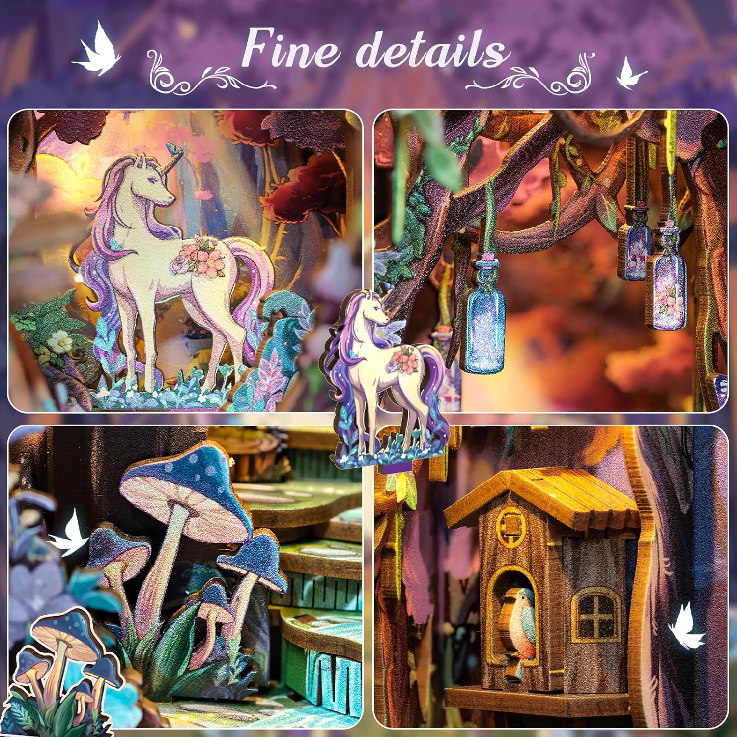 Cutefun Book Nook Kit - DIY Miniature Dollhouse Kit for Adults and Teens, 3D Wooden Puzzle Bookends, Bookshelf Insert Decor w/LED Light Dust Cover, Christmas Birthday Gifts (Forest Unicorn)