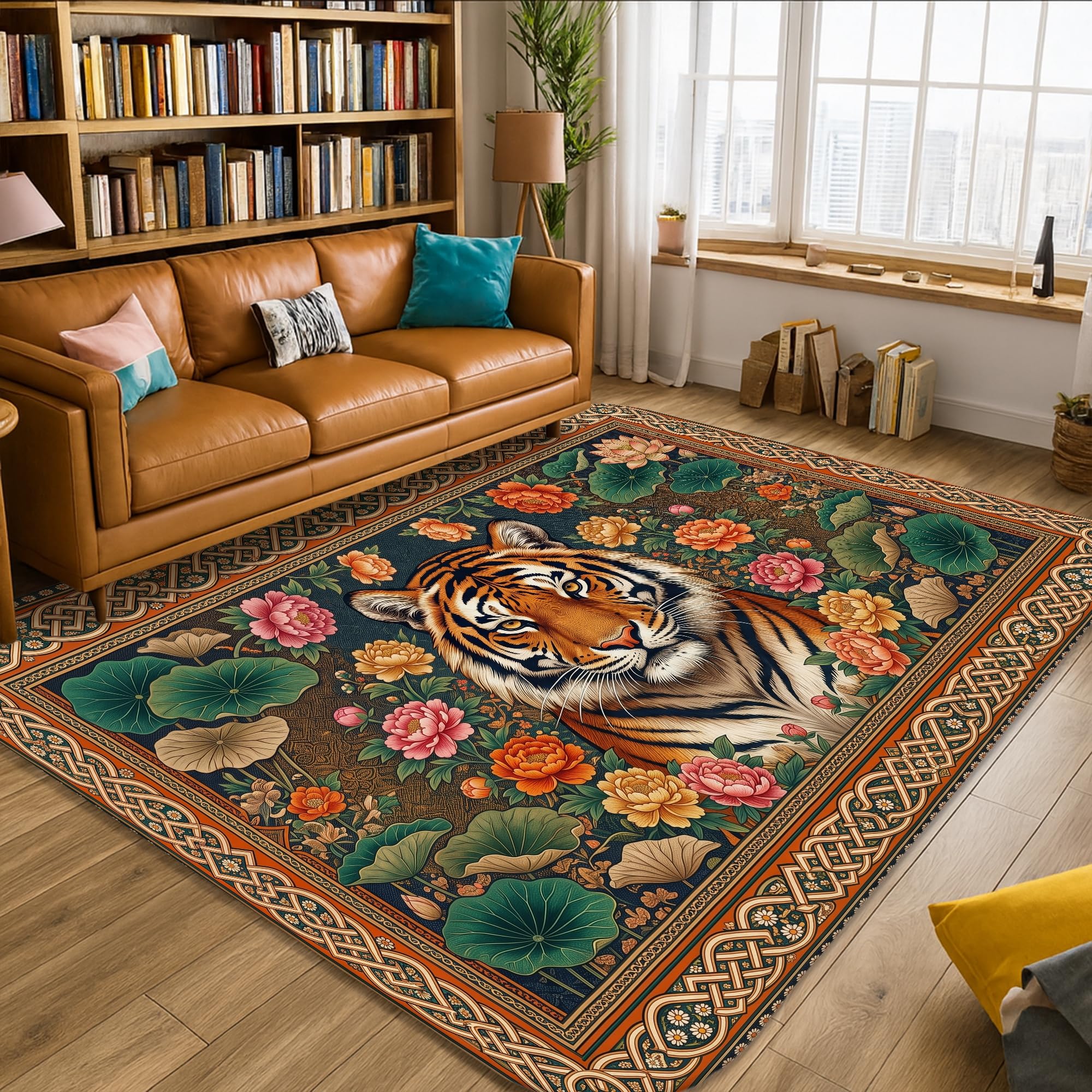 Tapis oriental botanique tigre et pivoine, 1,5 x 2,1 m