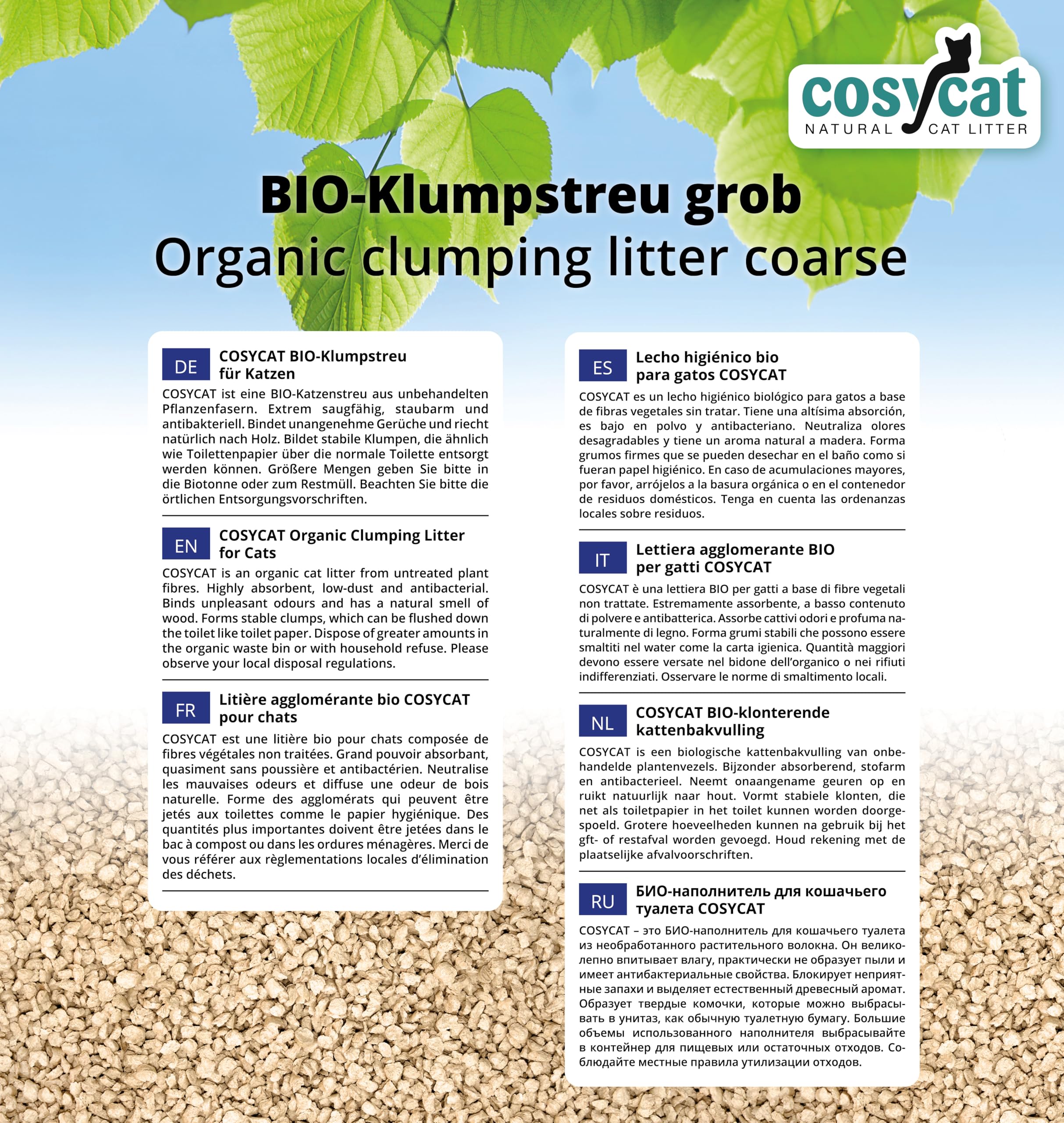 COSYCAT Klumpendes Katzenstreu Bio aus Holz, 100% Natürlich, [grob], [2x20l], in der Toilette entsorgbar, Klumpstreu pflanzlich, staubfrei ohne Duft