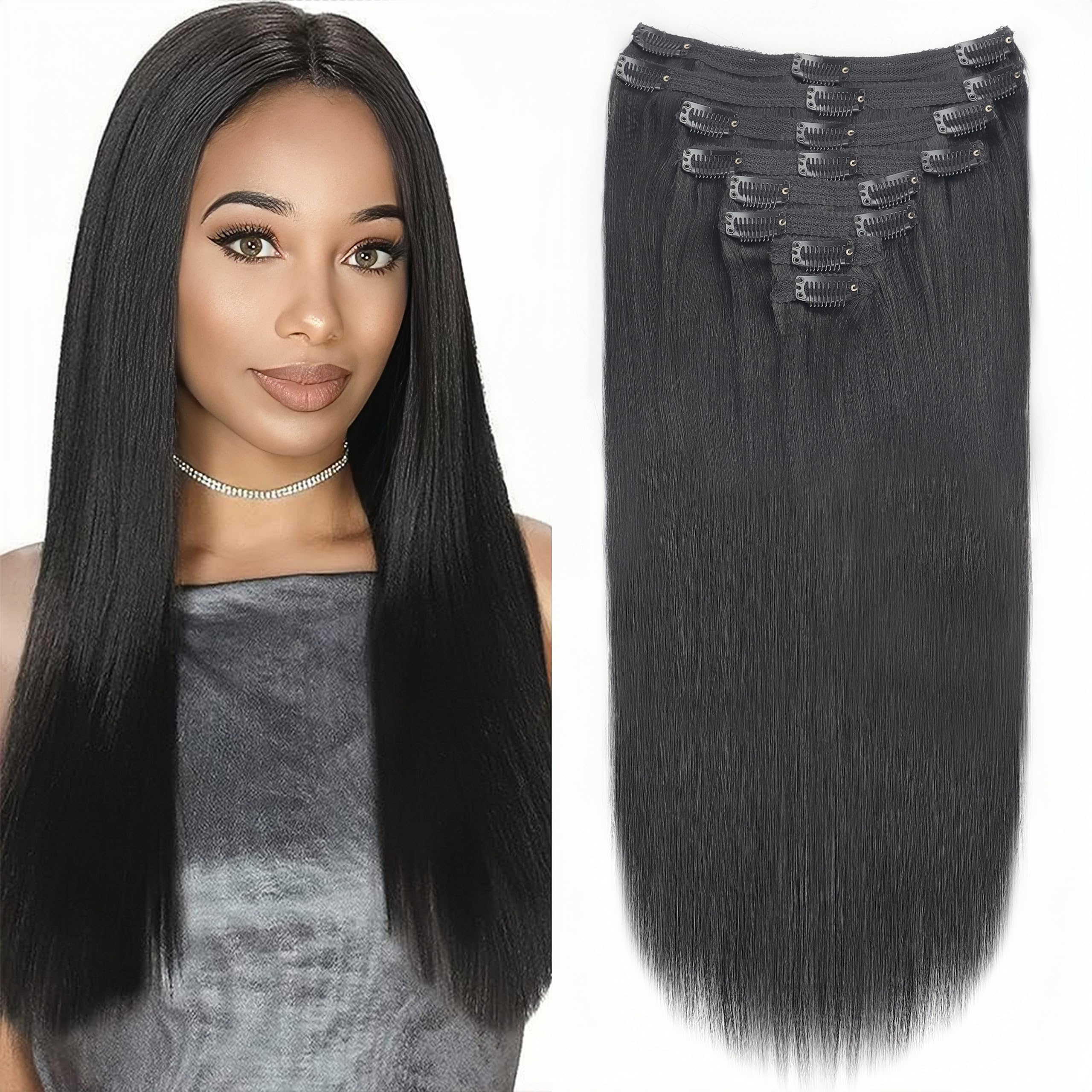 Lysilf Yaki Straight Clip in Hair Extensions for Black Women Brazilian Virgin Human Hair Straight Clip in Extensions 8Pcs with 18 Clips (12inch, Natural Black)