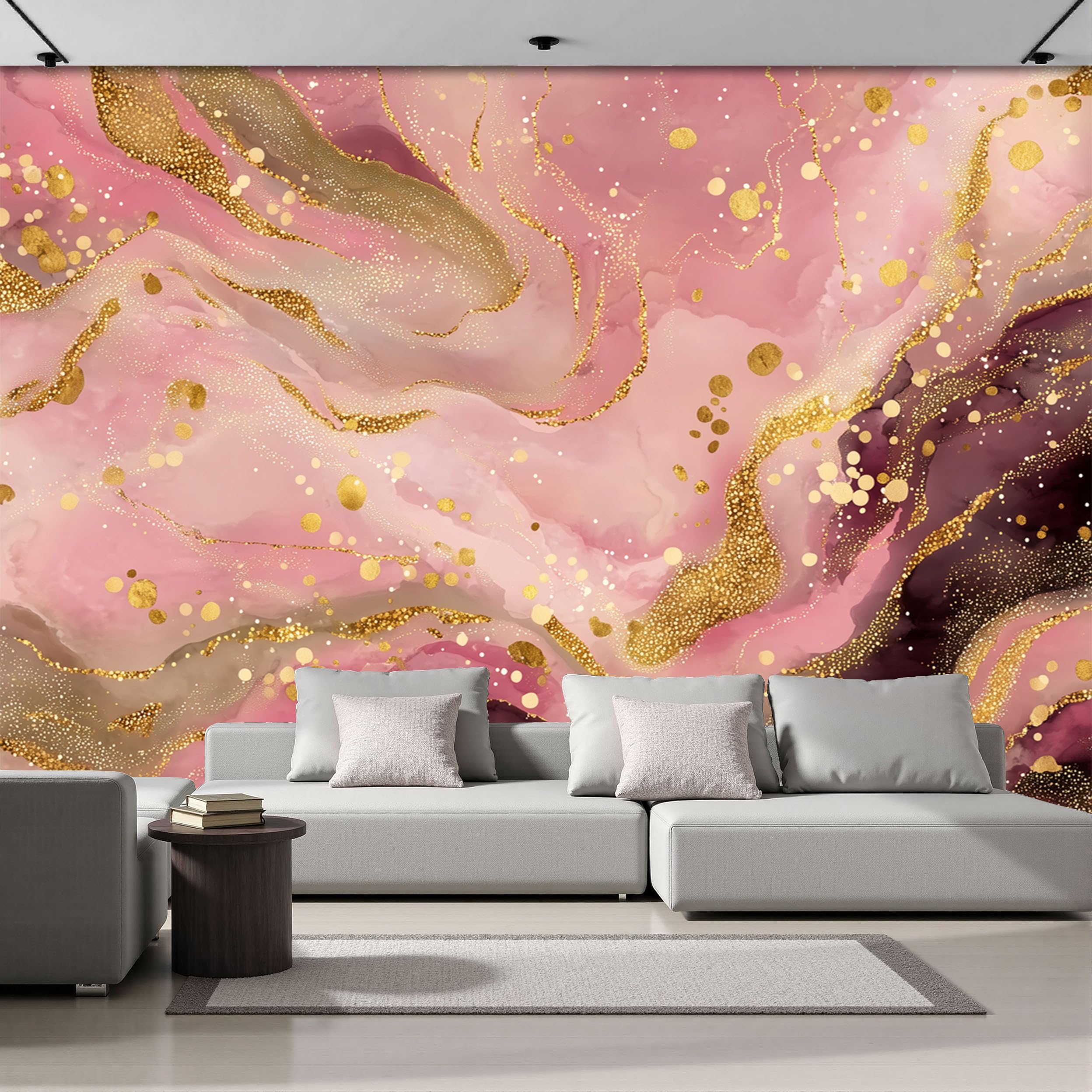 Papier peint marbre panoramique intissé, déco fresque murale or rose pour chambre 250x175