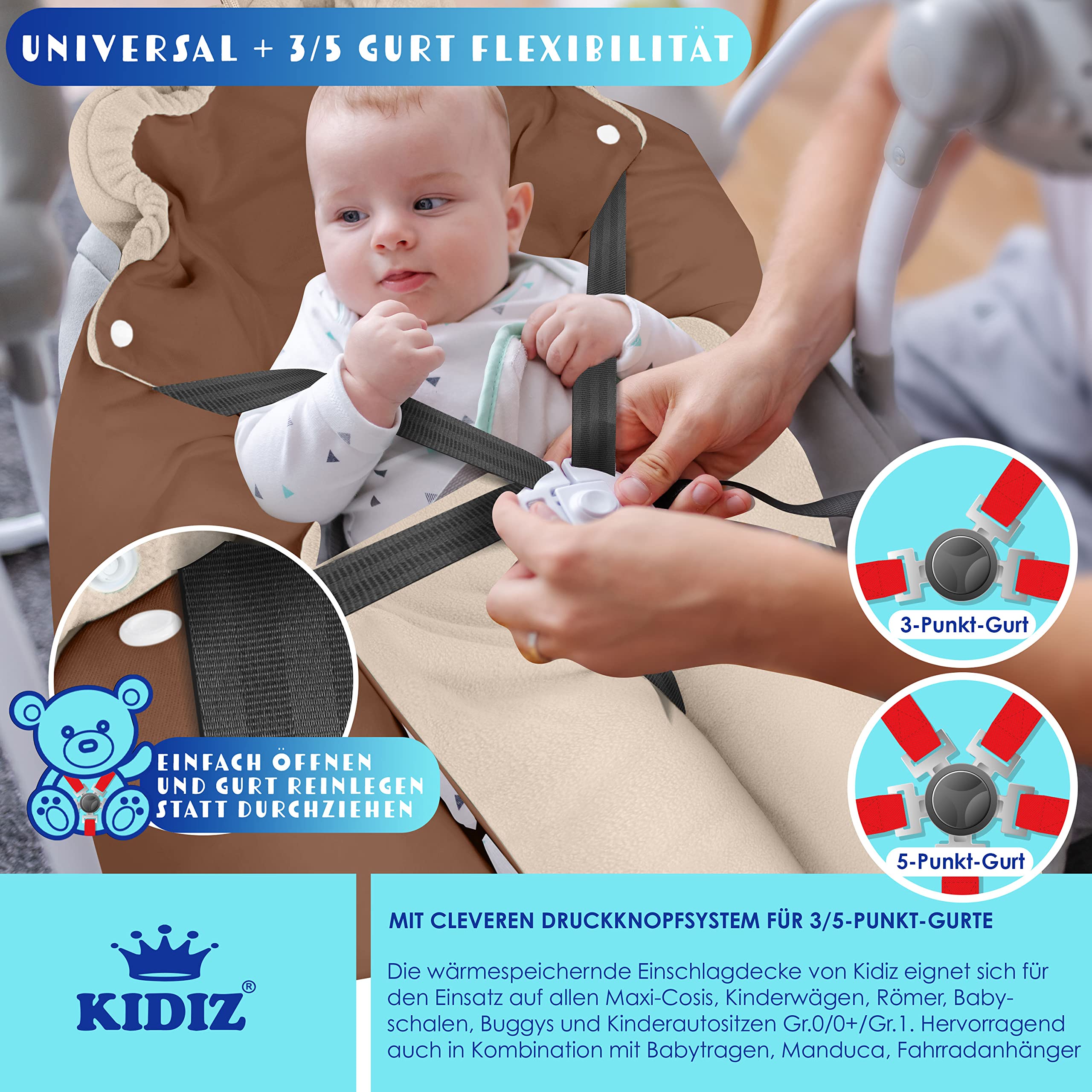 KIDIZ® Couverture Hiver avec Capuche + Poche Universelle pour Bébé - Compatible Coque, Siège Auto, Römer, Buggy, Lit, Poussette & Systèmes de Ceinture 3 & 5 Points