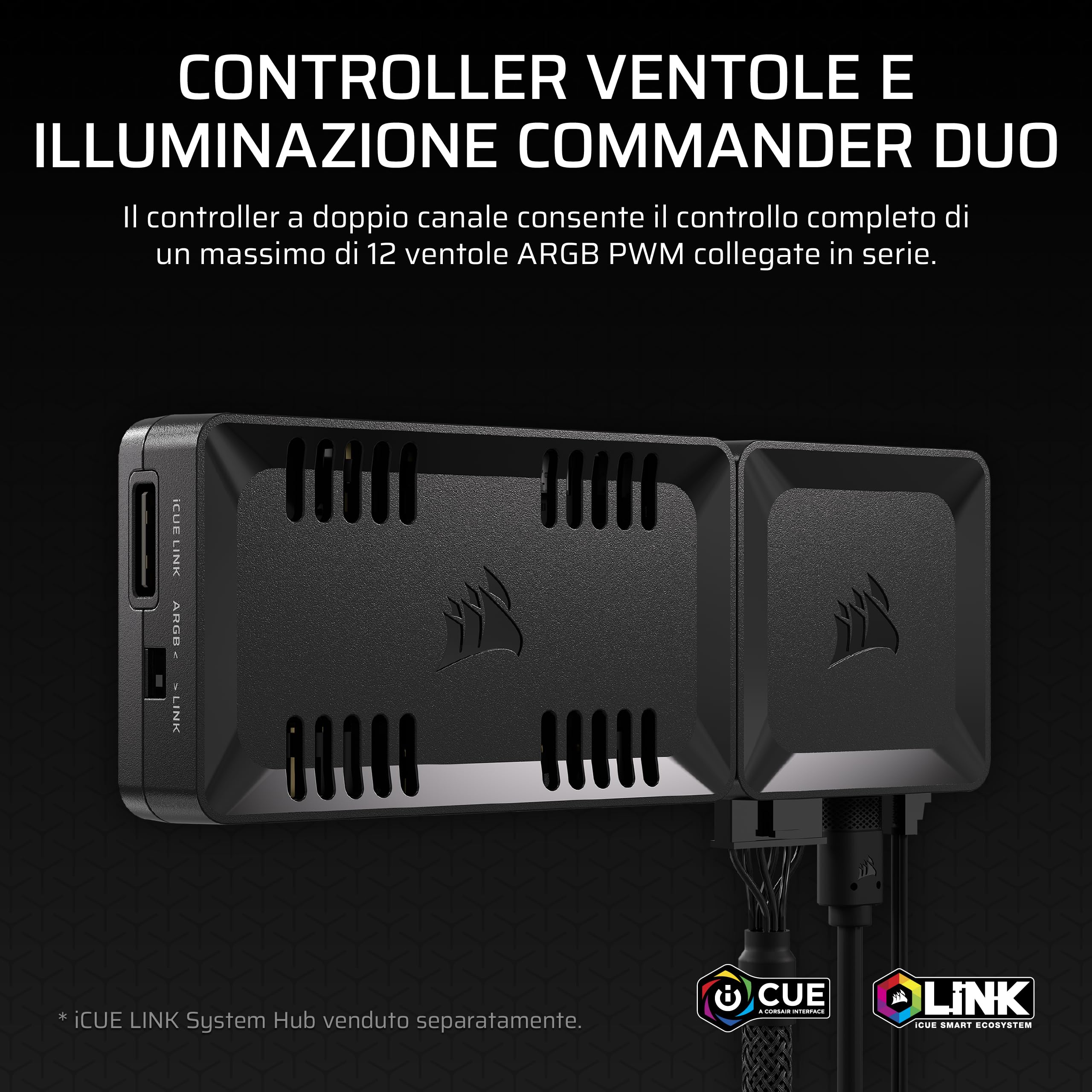 CORSAIR COMMANDER DUO iCUE LINK Controller per illuminazione RGB e ventole PWM ARGB – Controlla 12 ventole PWM collegate a cascata, due sensori di temperatura flessibili inclusi – Nero