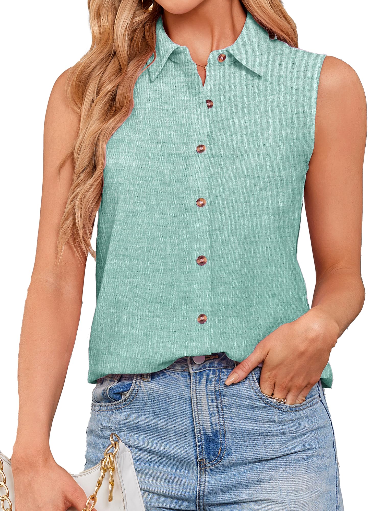 Womens Sleeveless Button Down Shirts Cotton Linen Blouses Solid Color V Neck Casual Work Tank Tops
