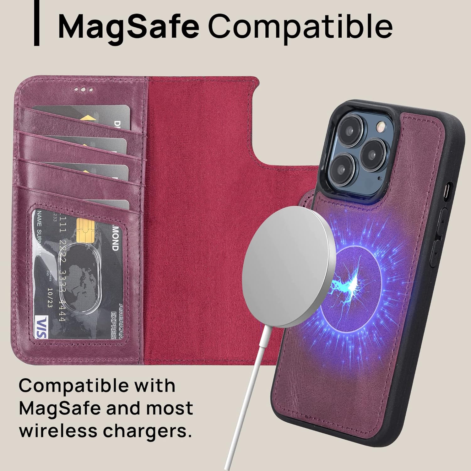 OXA Leather 2-in-1 Wallet Case Compatible with iPhone 13 Pro | Magnetic Detachable | Shockproof | RFID Blocking | Flip Case with Kickstand | Compatible with MagSafe | - Purple