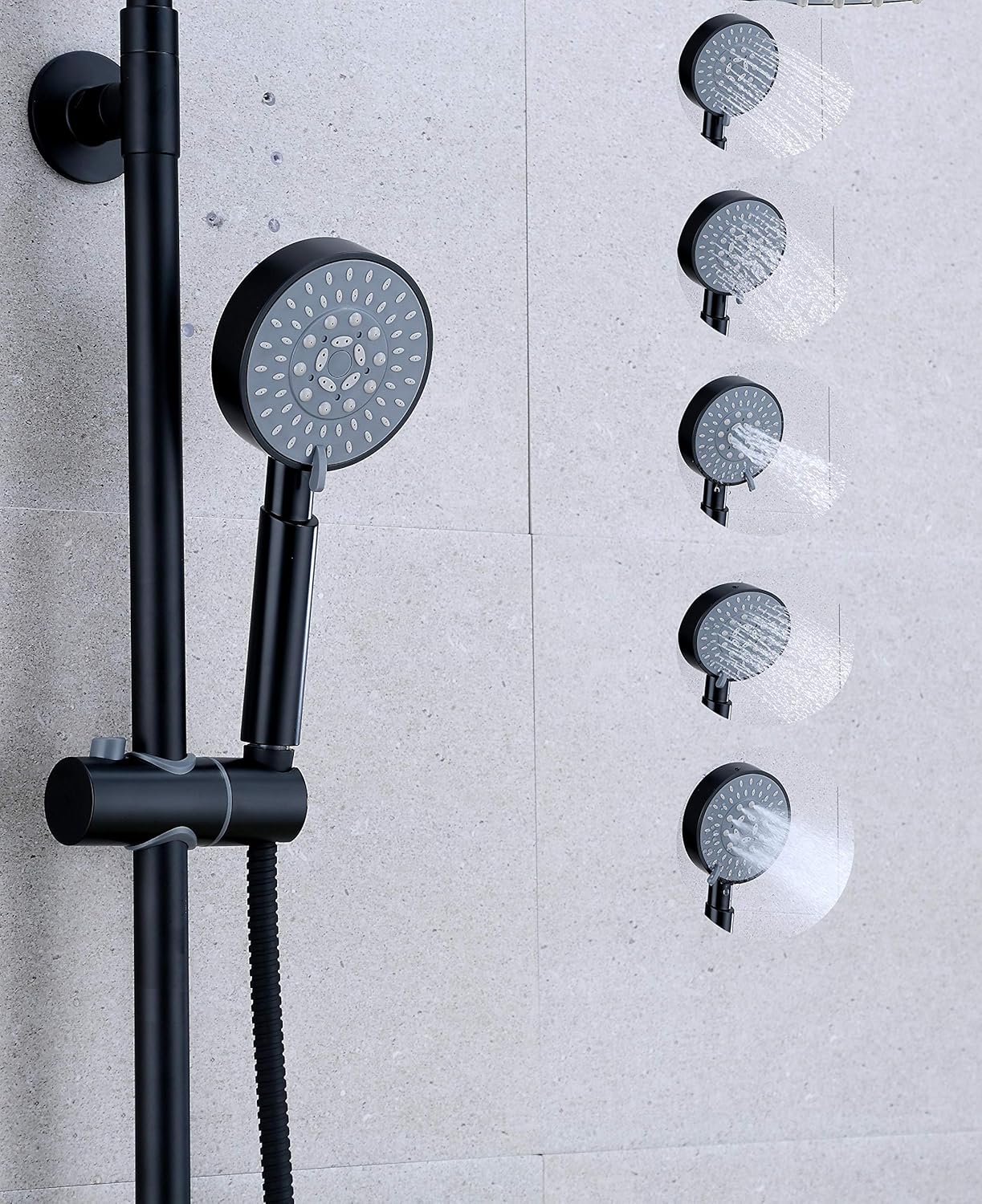 Free Shipping Offer Contemporary slide bar with 8'' shower head, 5-Function hand held shower, Adjustable slide bar, with diverter body and shower arm, Shower trim kit,Matte Black Finish