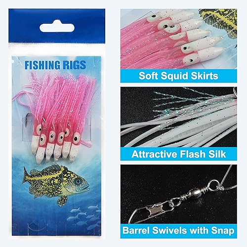Miniatura 4 de Juego de aparejos de cebo de pesca de agua salada, 6 paquetes de aparejos de pesca de surf con falda de calamar suave brillante, gancho de pesca