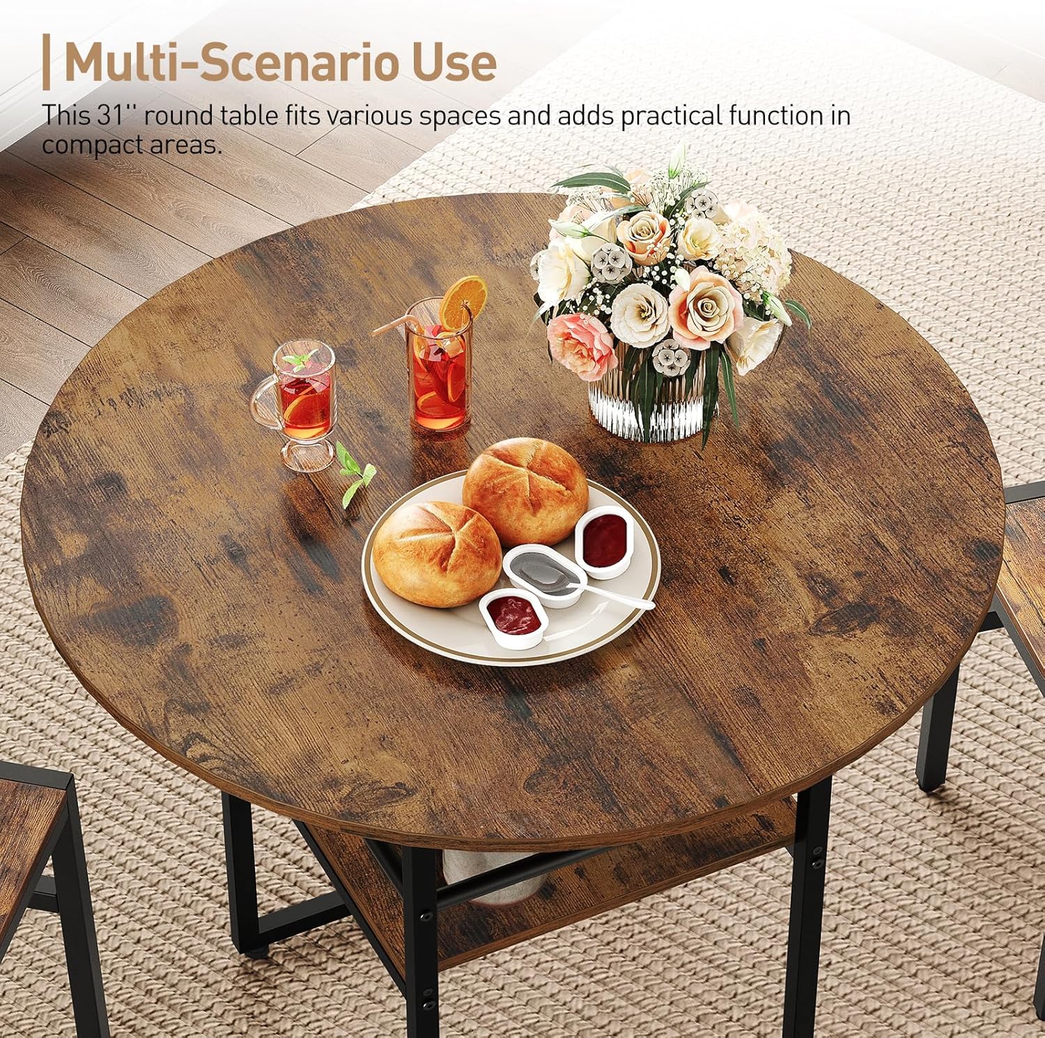 31.5" Round Dining Table for 2, Farmhouse Wooden Kitchen Table with Storage, Space Saving Circle Dinner Table with Metal Legs, for Dining Room, Living Room, Kitchen, Rustic Brown and Black