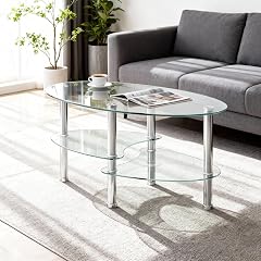 35 43 Glass Coffee Table Modern Oval Smooth 3-Tier Small Table Tempered Glass Top Center Table with Sturdy