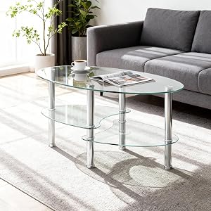 35 43 Glass Coffee Table Modern Oval Smooth 3-Tier Small Table Tempered Glass Top Center Table with Sturdy