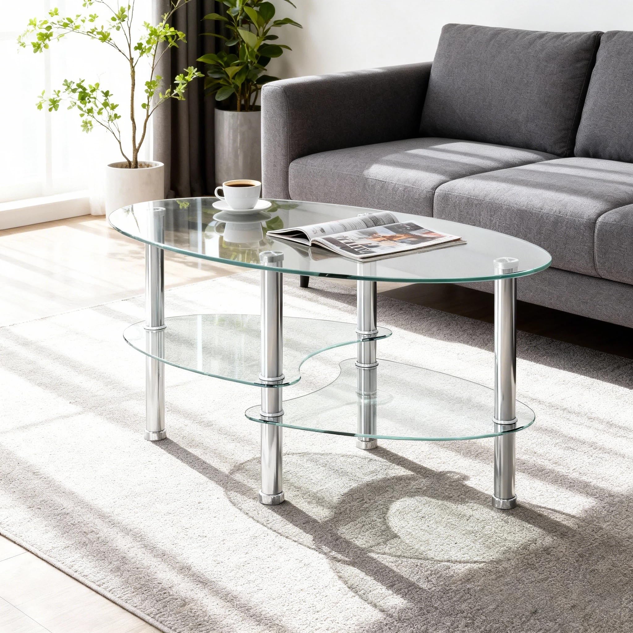 35 43 Glass Coffee Table Modern Oval Smooth 3-Tier Small Table Tempered Glass Top Center Table with Sturdy