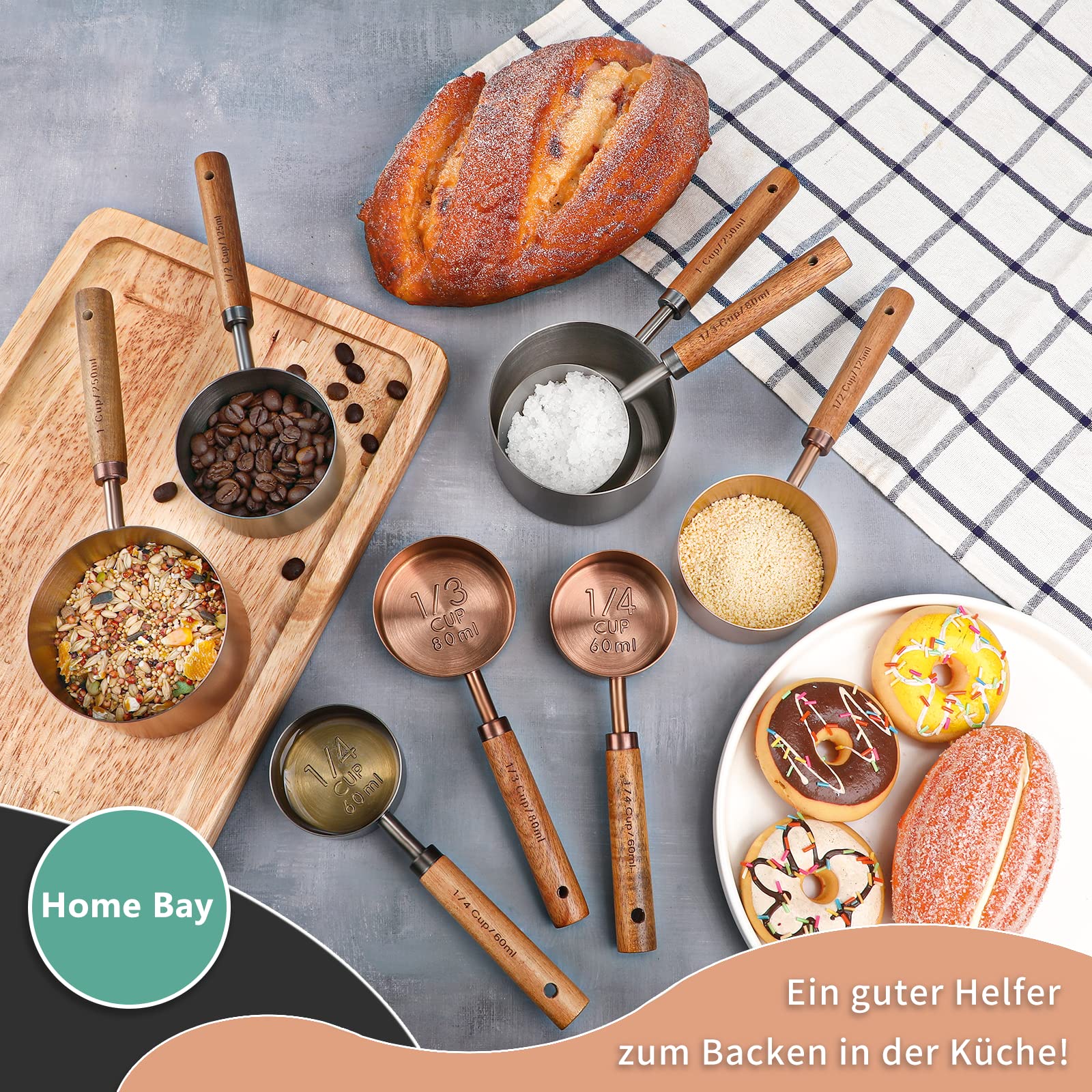 Home Bay Messbecher 180ml - Titan-Beschichtet Mit Holzgriff Roségold