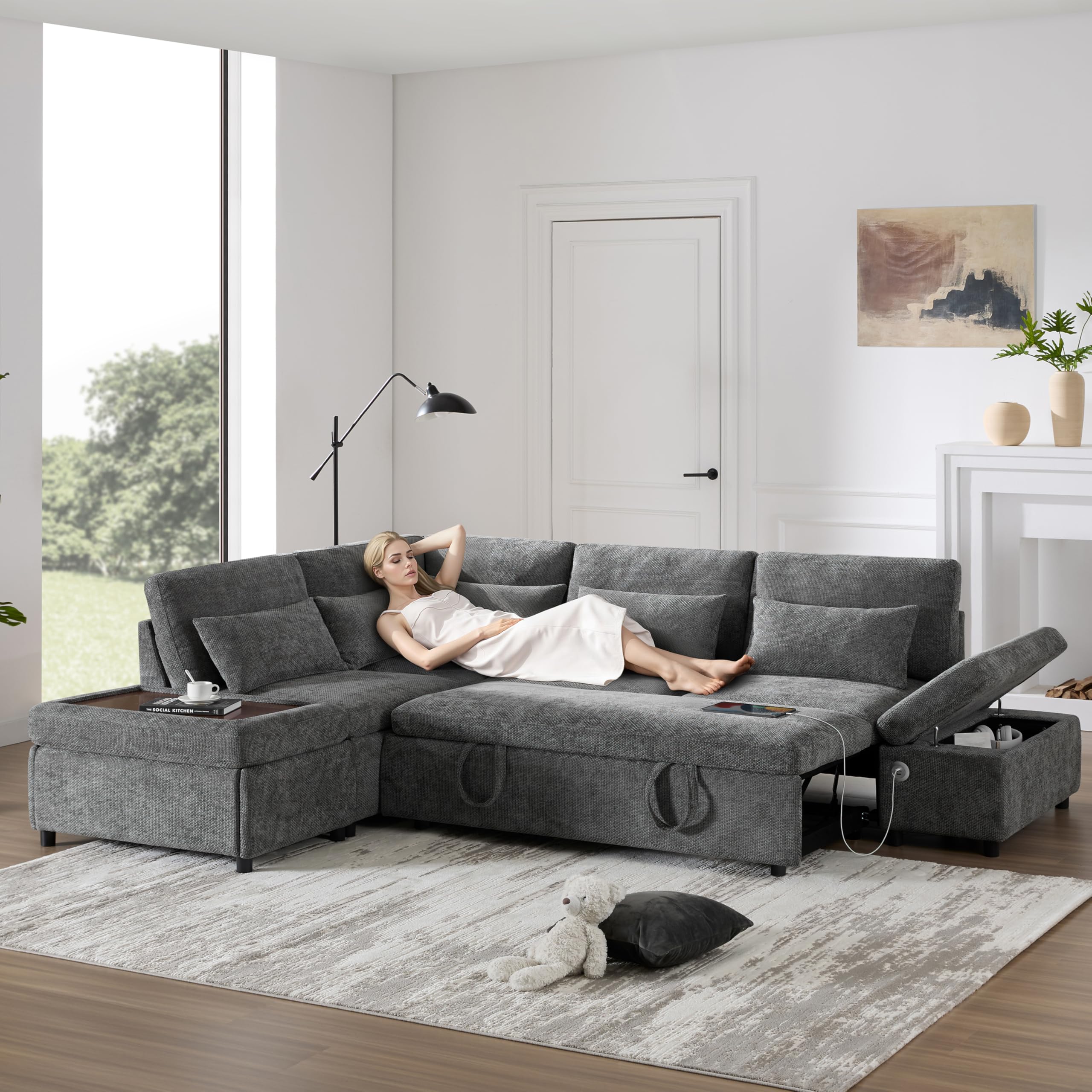 VOHOBY Modular Sectional Sofa with Pull Out Bed, 107”Sleeper Sofa Bed with Movable Storage Ottoman and USB & Type-C Port, 6-Seat L-Shaped Couches for