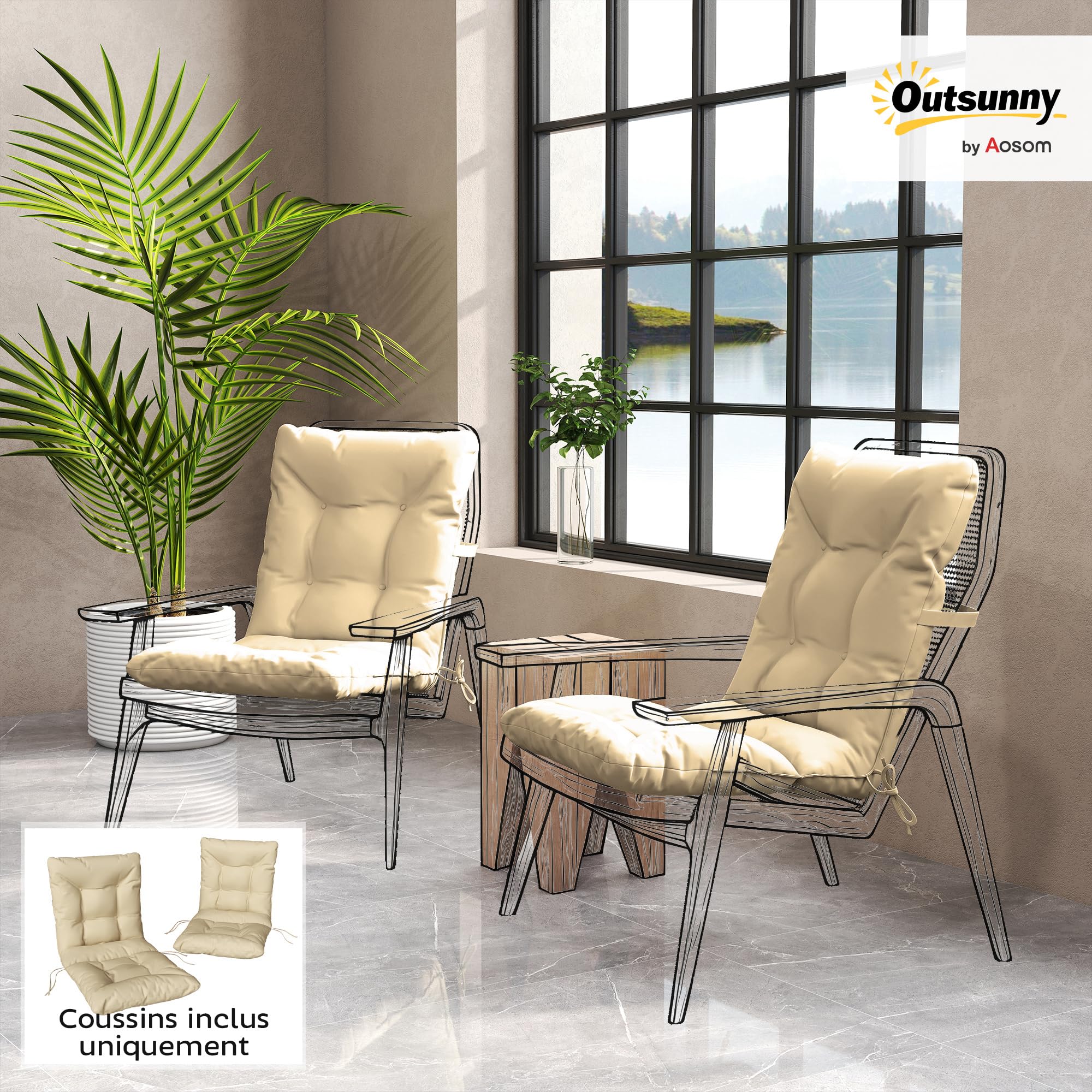 Outsunny Lot de 2 Coussins de Chaise d'extérieur 120 x 50 x 8 cm Beige
