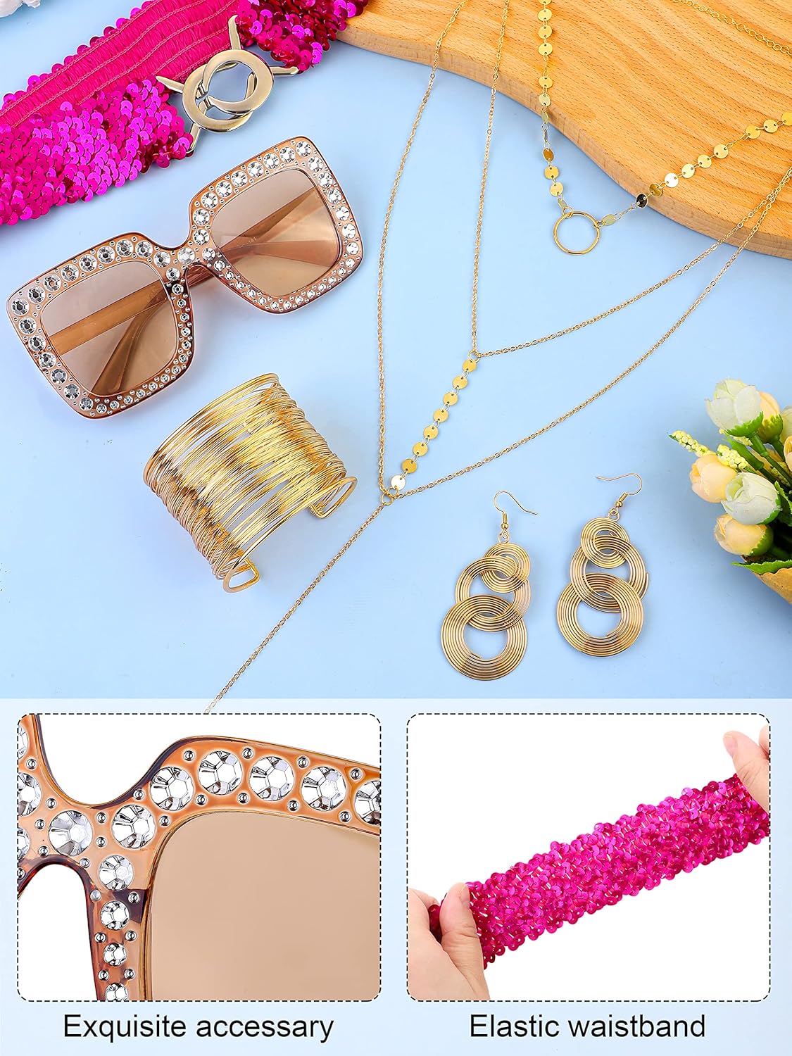 SOMSOC 70s Disco Jumpsuit Costumes Women Fashion Disco Accessories for Halloween Necklace Earrings Bracelet Glasses Belt