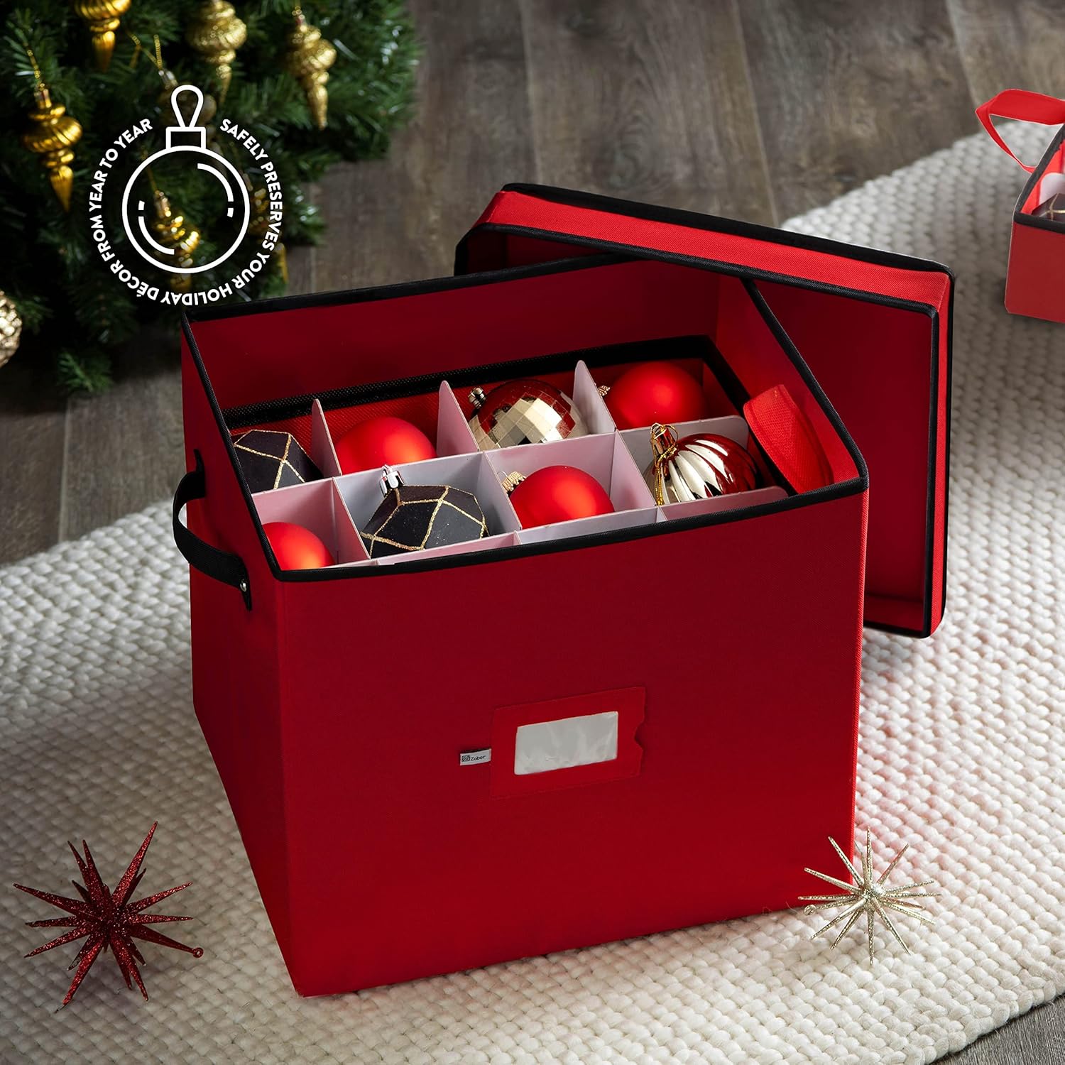 ZOBER Christmas Ornament Storage Box - Stores 36 4" Large Ornaments with Individual Trays - Tear Proof 600D Oxford Fabric - Ornament Organizer Storage Box, Durable Christmas Containers Holder - Red - Image 2