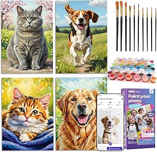 Caydo 4 Pack Custom Paint by Numbers Kit for Adults, Turn Your Photo into Paint Templates via App, A4 Canvases, 10 Brushes & 60 Colors, Relaxing Crafts Gift for Dog Lovers to Create Home Wall Art