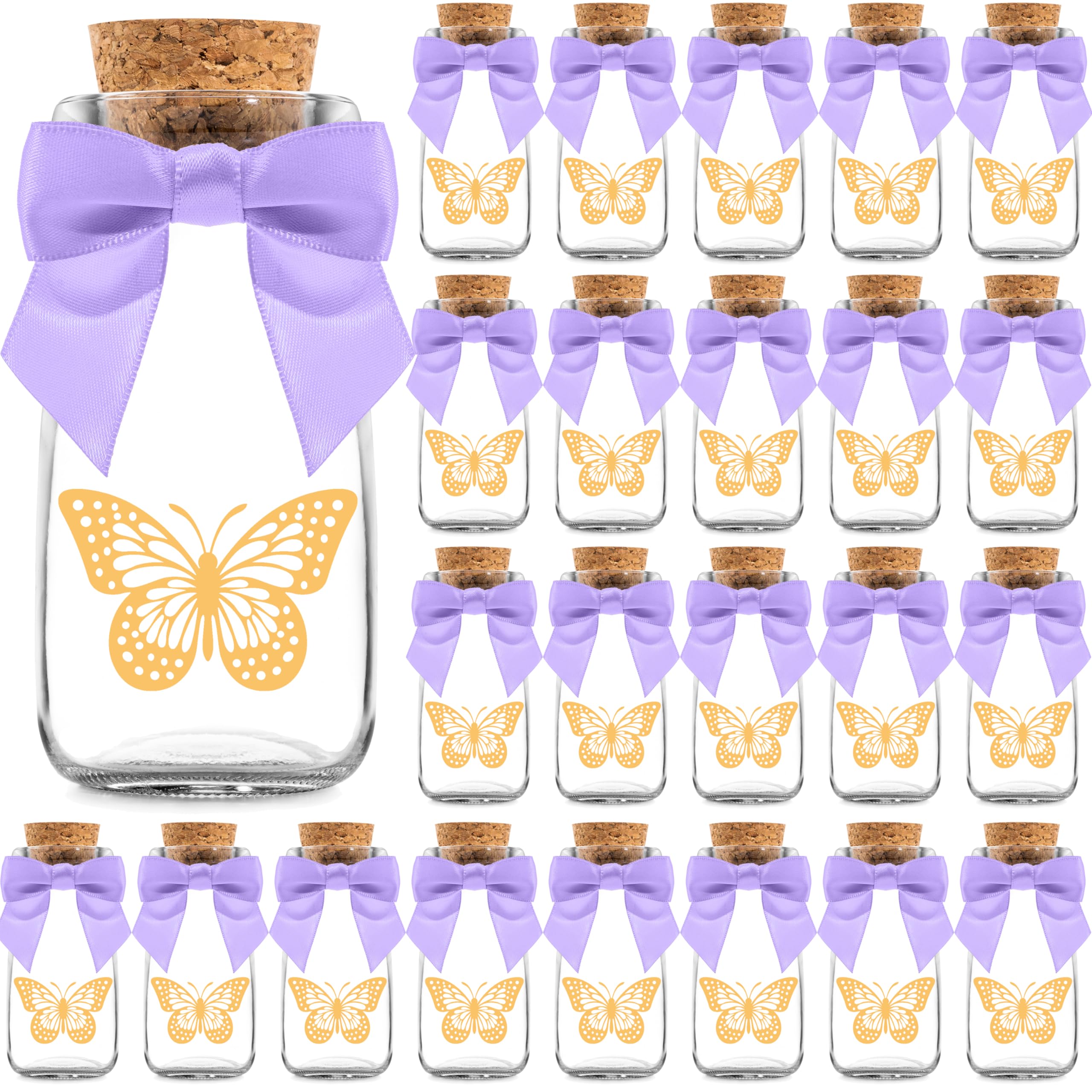 Ethisa Small 24 Pack Butterfly Party Favor Glass Bottles with Ribbons and Stickers - Vintage Baby Shower and Birthday Favors for Guests and Table Centerpieces Decorations - Purple Theme Candy Jar