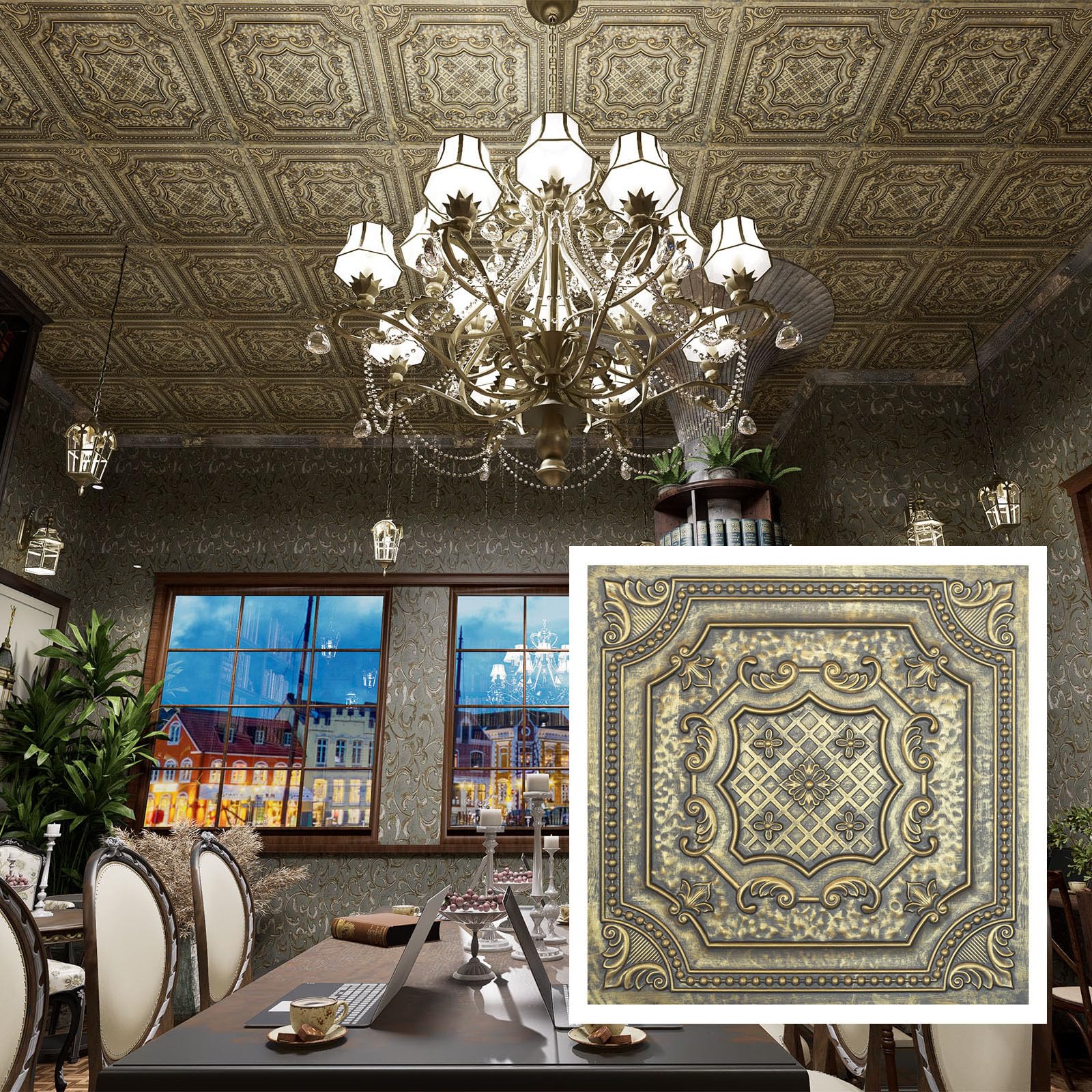 Paintsdecor Ancient Gold Tin Ceiling Panels,Peel And Stick Tin Ceiling Tiles Distressed,Faux Tin Glue Up/Drop In, Pl04,10Piece (Ancient Gold)