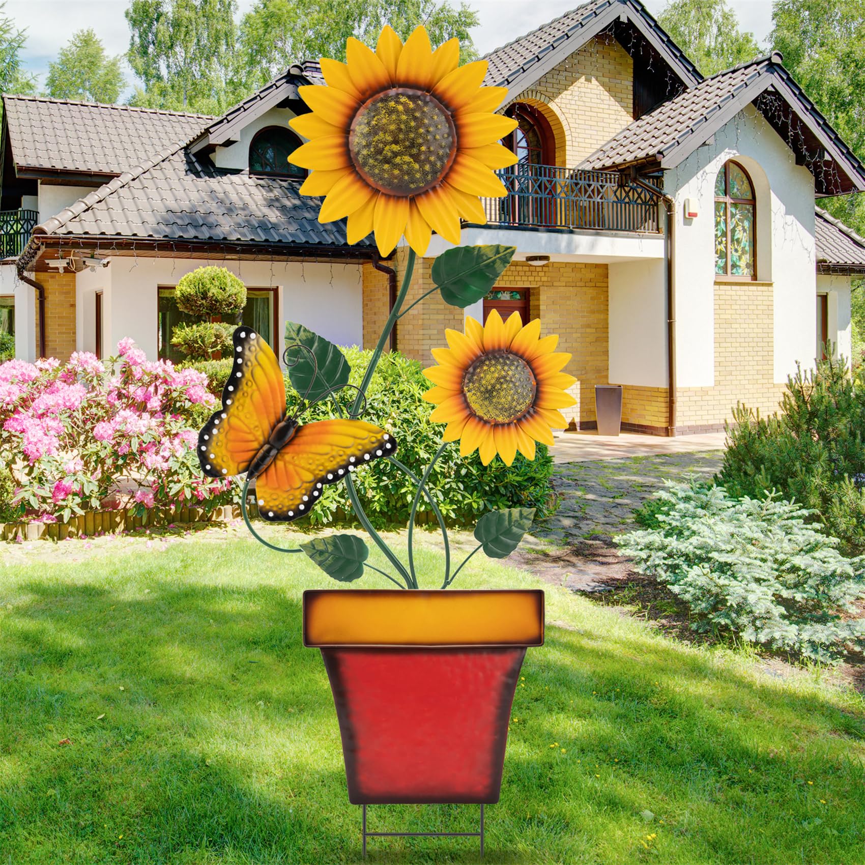 Piquet de tournesol en métal de 111 cm pour décoration extérieure de jardin et pot de fleurs