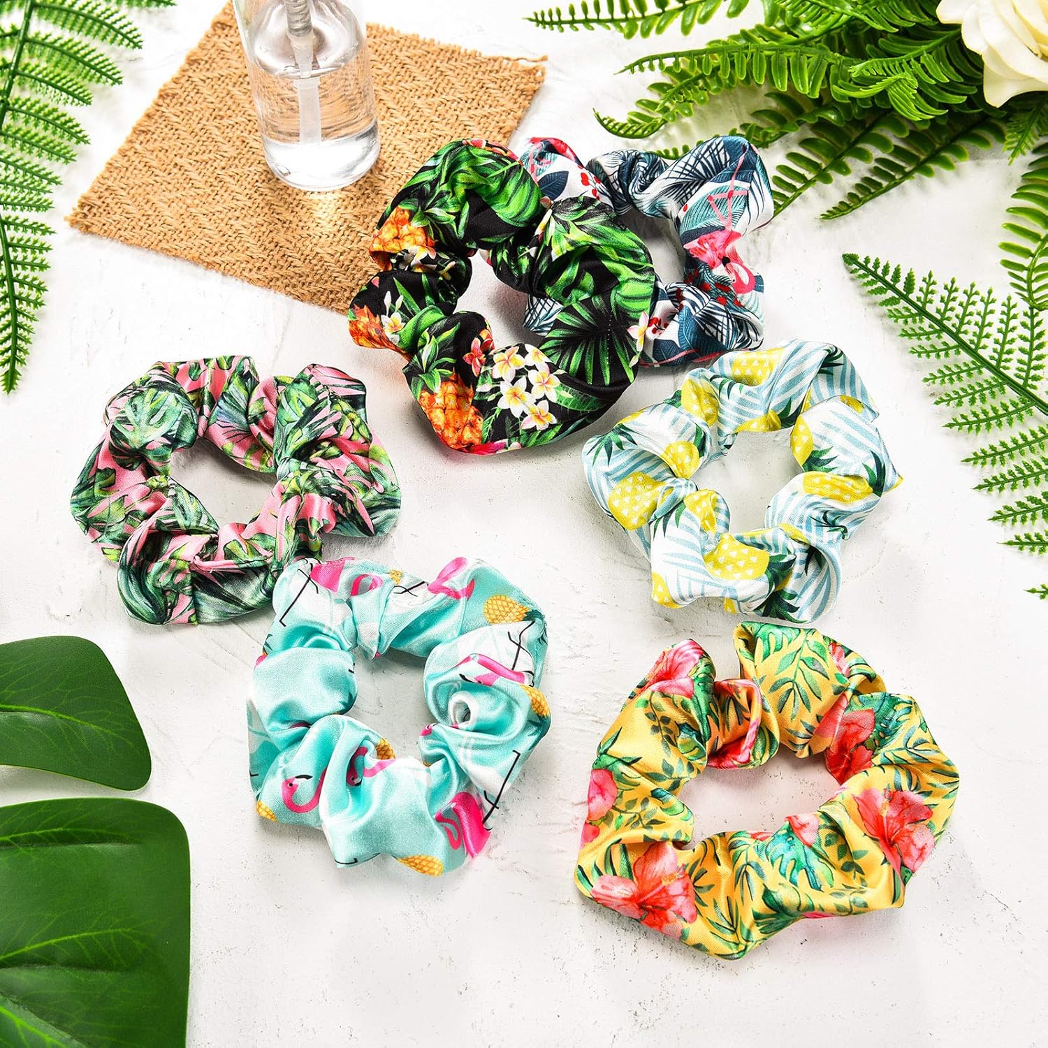 WILLBOND 18 Pcs Tropical Scrunchies for Women Summer Satin Floral Hair Scrunchies Bulk Hawaiian Elastic Ponytail Holders with Prints Like Flamingo Pineapple Palm Leaves Hair Ties Accessories for Girls - Image 5