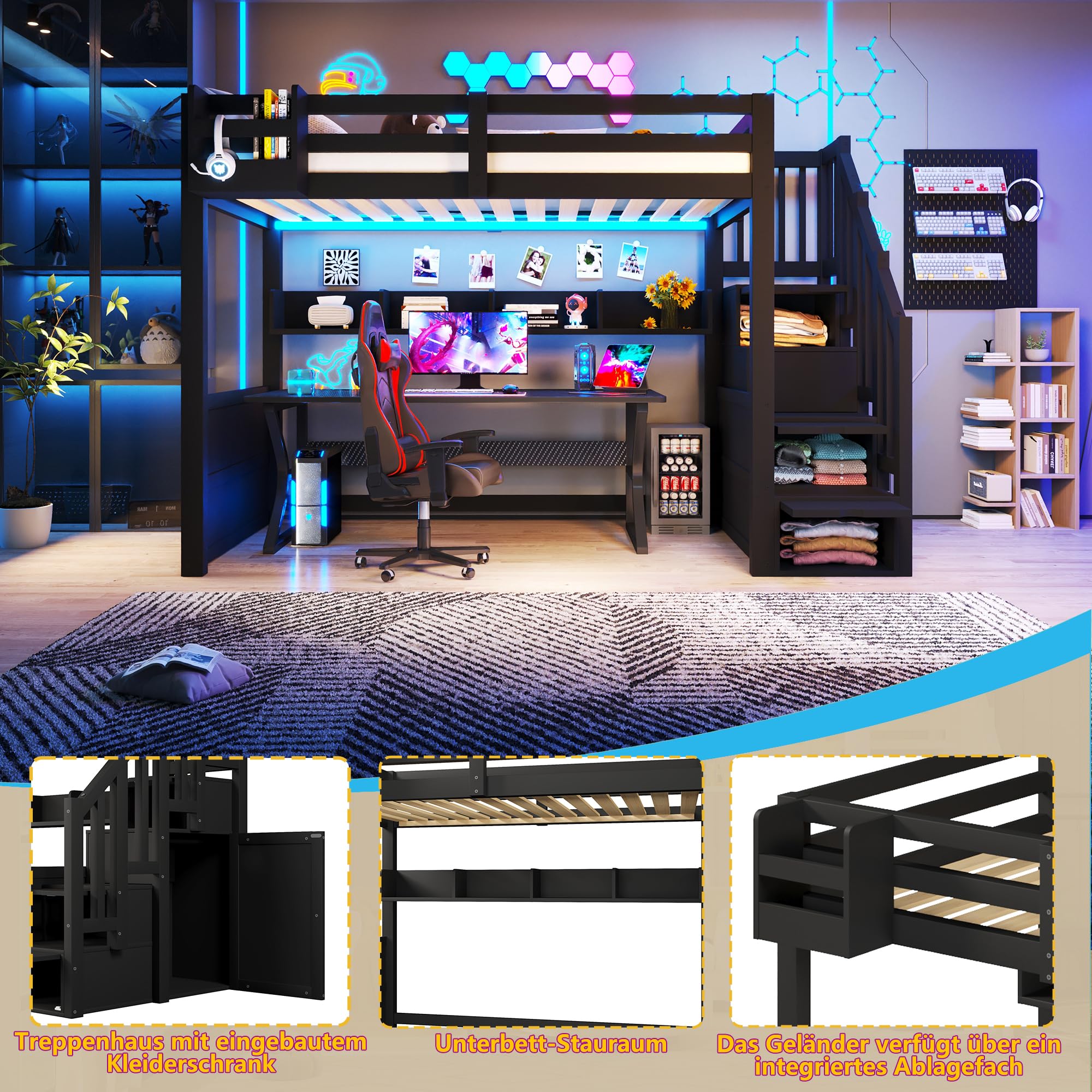 Zepneiy Letto Mezzanine in Legno 90x200 cm con Illuminazione a LED, Letto Mezzanine Singolo con Armadi, Spazio di Archiviazione e Scala di Archiviazione, Letto con Rete a Doghe, Nero (Materasso Non