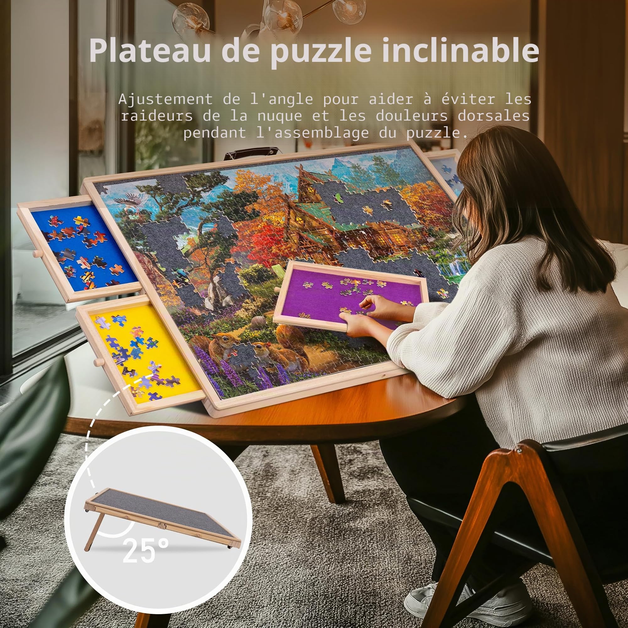 Lavievert Planche à puzzle rotative de 1000 pièces avec 4 tiroirs de tri, table de puzzle inclinable avec couvercle, plateau de puzzle en bois avec plateau antidérapant pour adultes