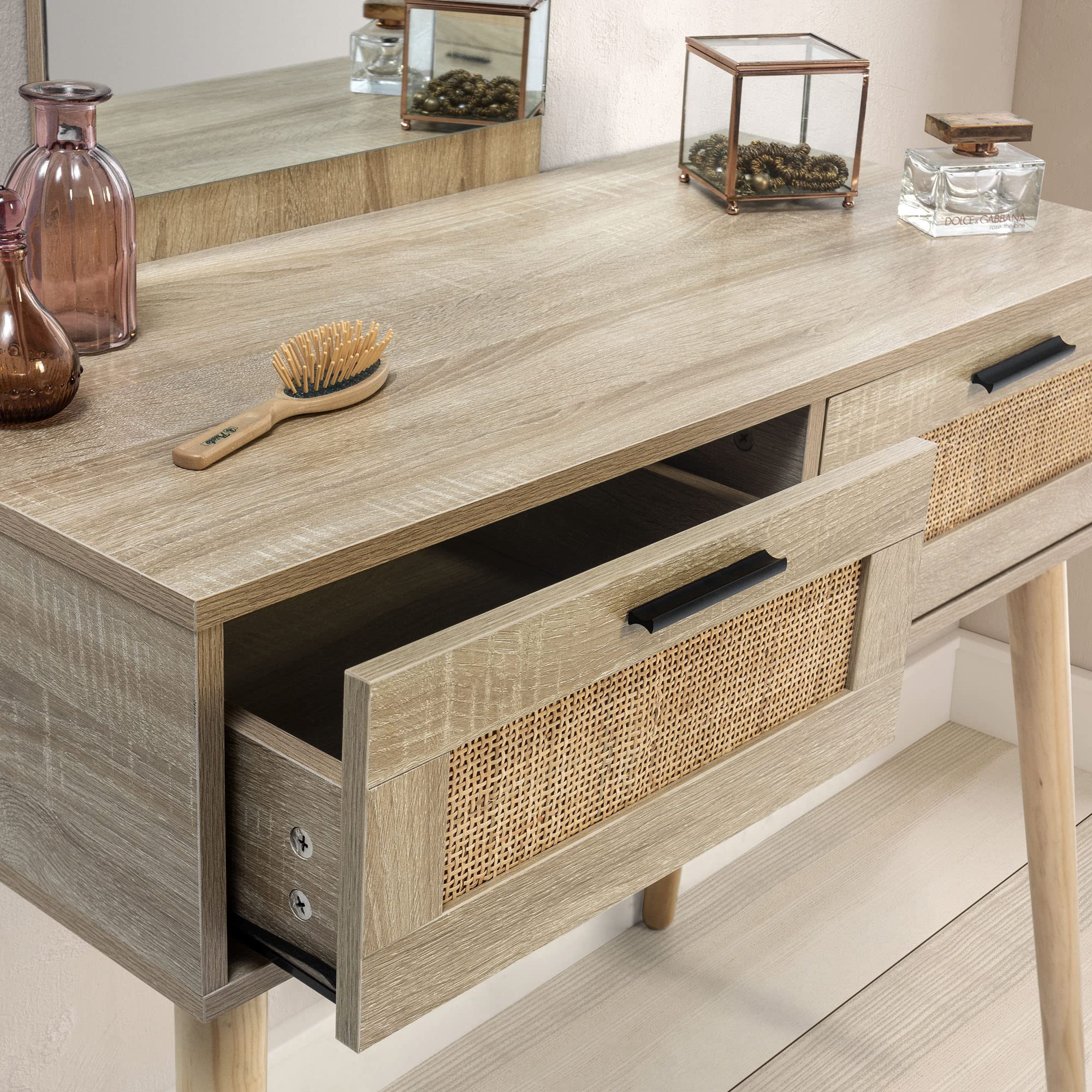 HOMN LIVING Recibidor Dalia con 2 cajones y 1 Espejo Color Roble y Ratán, Mueble de Entrada, 90 cm (Ancho) 41 cm (Profundo) 135 cm (Altura)