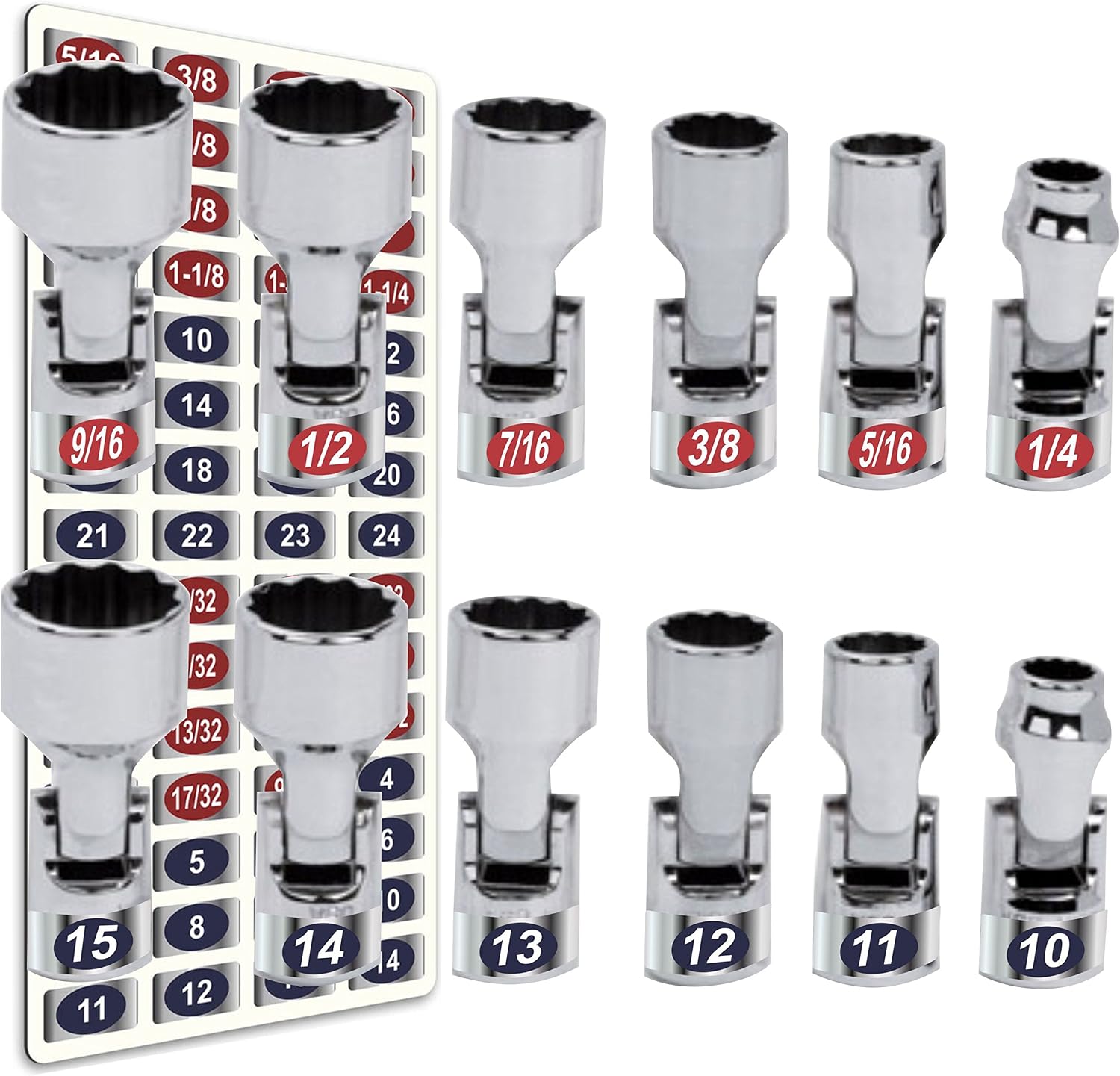 Chrome Socket Labels (Blue Edition) - Tool Tags for Metric & Standard Socket Sets & Wrenches Tough Chrome foil Organizer Decals, Great for Mechanics, Craftsman, homeowners, & hobbyist who Love Tools