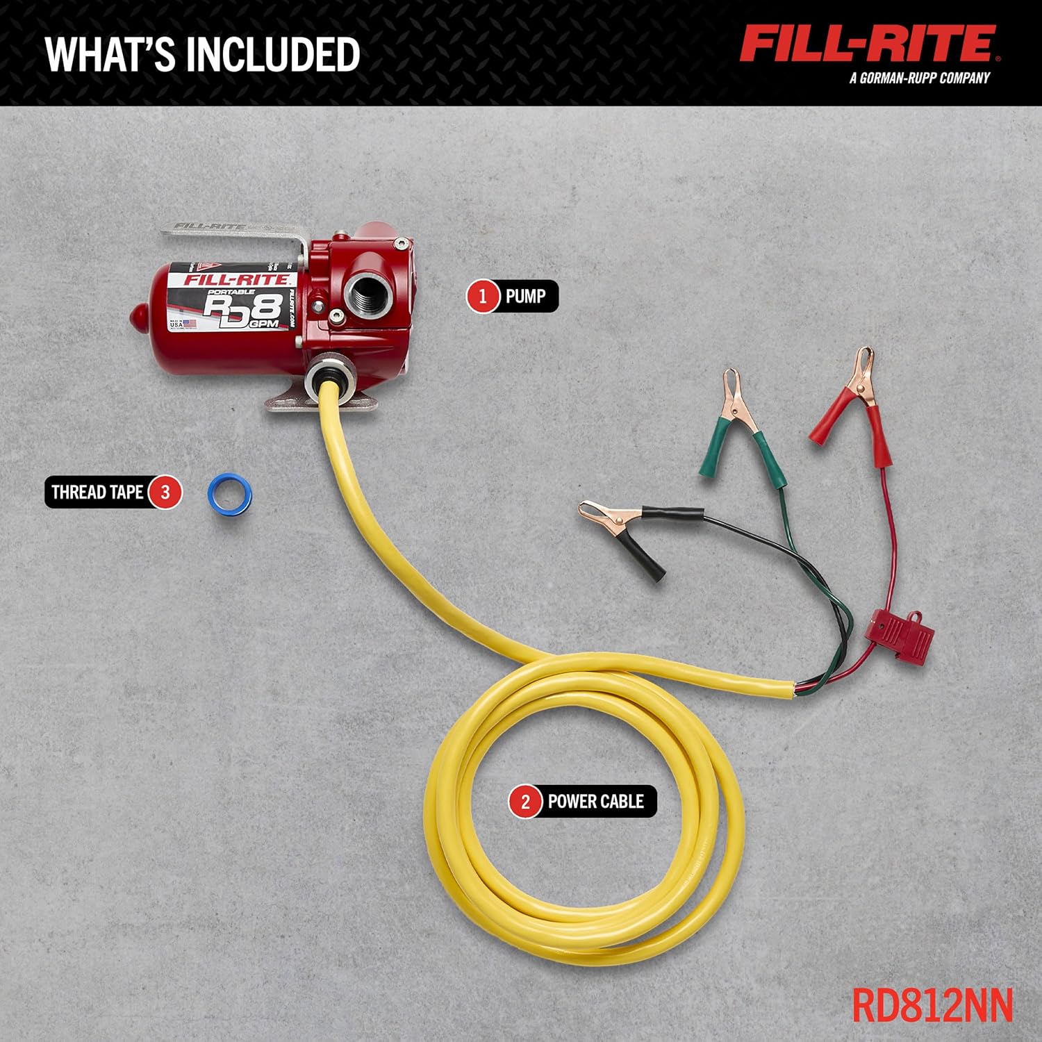Diagram showing pump, power cable, and thread tape included in the box.