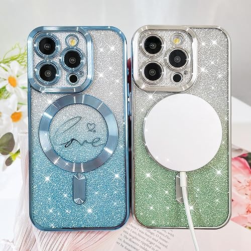 Vista 442 de Fiyart - Funda transparente magnética con purpurina para iPhone 12 para mujeres, con grabado "Love" metálico, protección para cámara y antigolpes