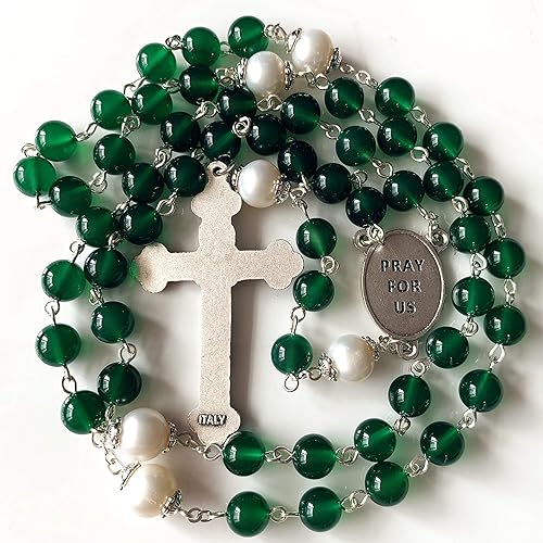 Miniatura 2 de elegantmedical Cuentas de ágata verde hechas a mano y perla real católica guadalupe rosario collar cruz, Perla