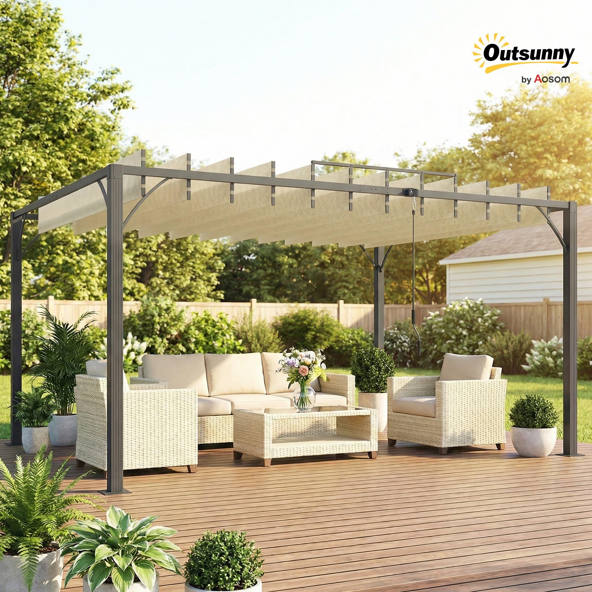 Outsunny Pérgola de Jardín 3x4 m, Cenador de Jardín con Techo de Lamas Orientables a 135°, Columna de Aluminio, Vigas de Hierro, Protección UPF30+, Pabellón para Exterior, Patio, Terraza, Blanco Crema