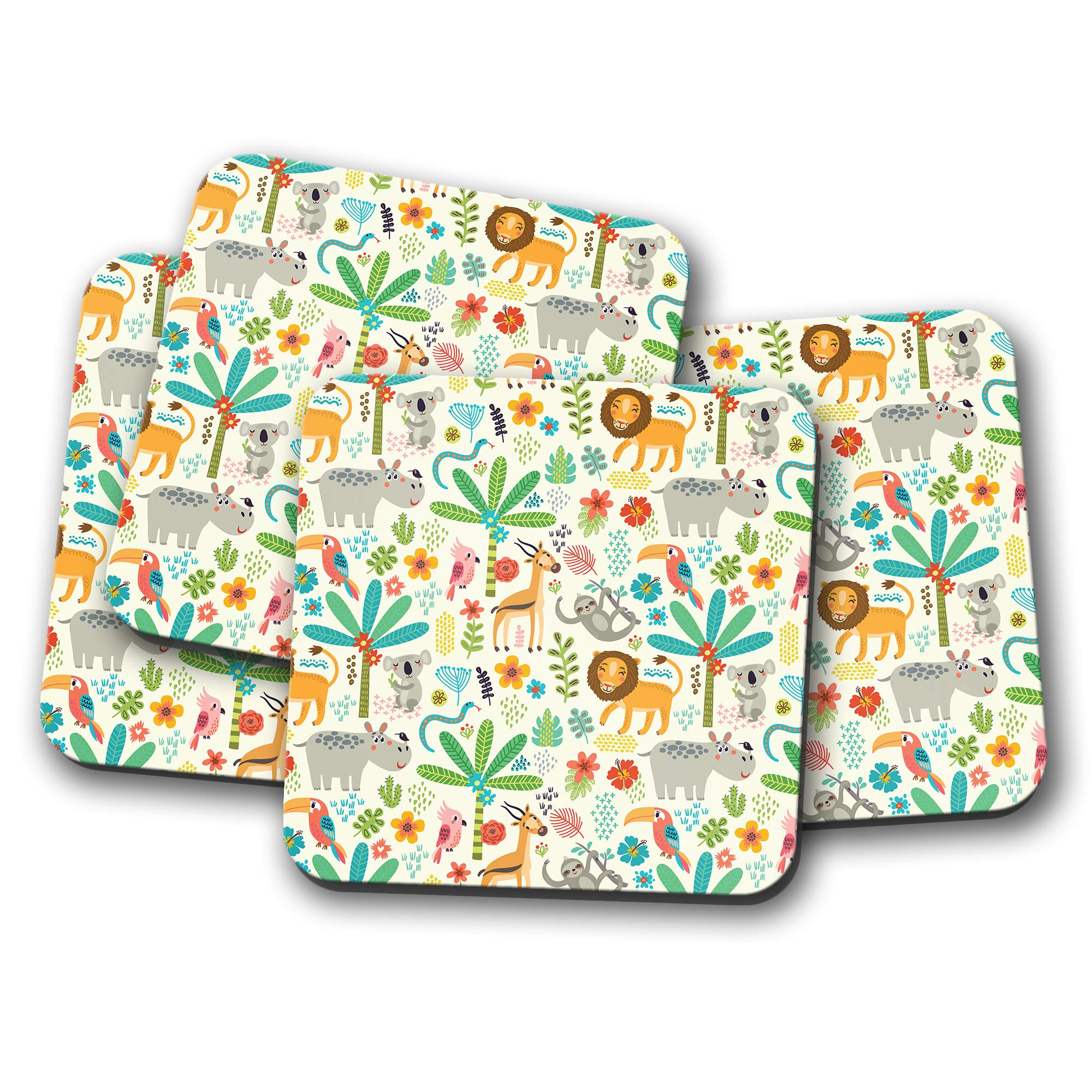Destinationvinyl Multicolor 4 Set - Jungle Animals Coaster - Sloth Hippo Lion Flowery Kids Fun #13026