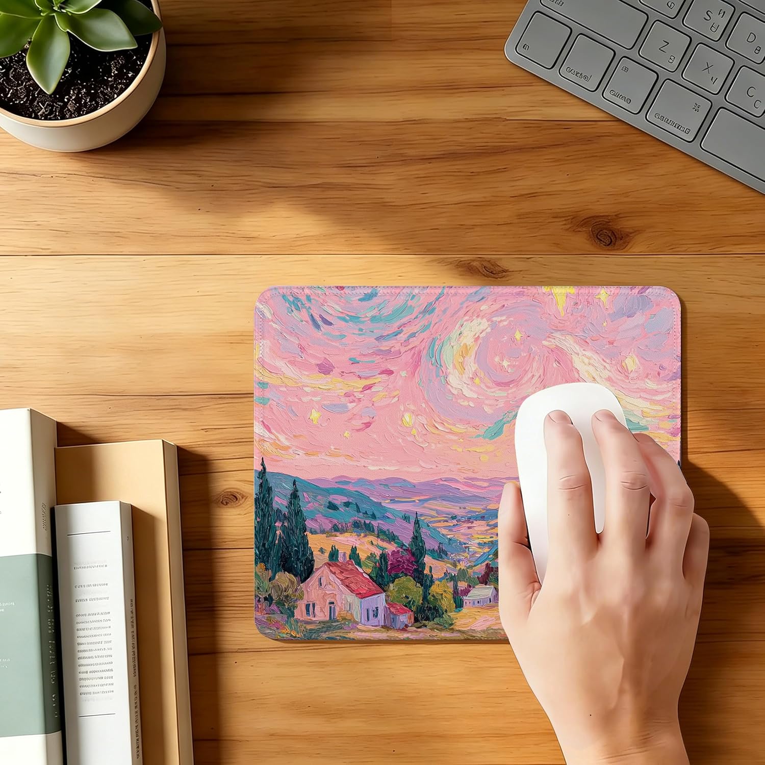 Coquette Pink Van Gogh Mouse Pad for Desk,Aesthetic Mouse Pad,Pink Nature Themed Mousepad for Computers Laptop Desk Home Office, Gifts for Forest Decor Lovers,9.5x7.9 Inch image 2