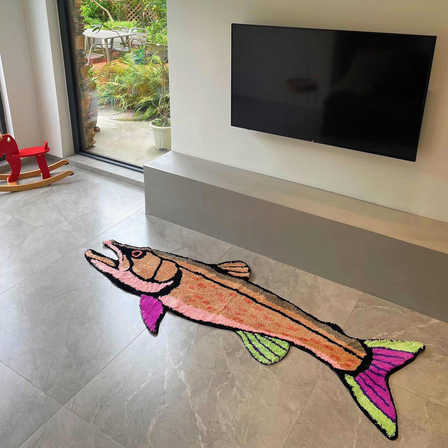 Fish Shaped Area Rug Non Slip Machine Washable Fluffy Kids Play Rug Cozy Toddles Carpets Plush Fluffy Living Room Bedroom Bedside Rug Multicolored Whimsical Ocean Theme Design 2.6x6.8ft