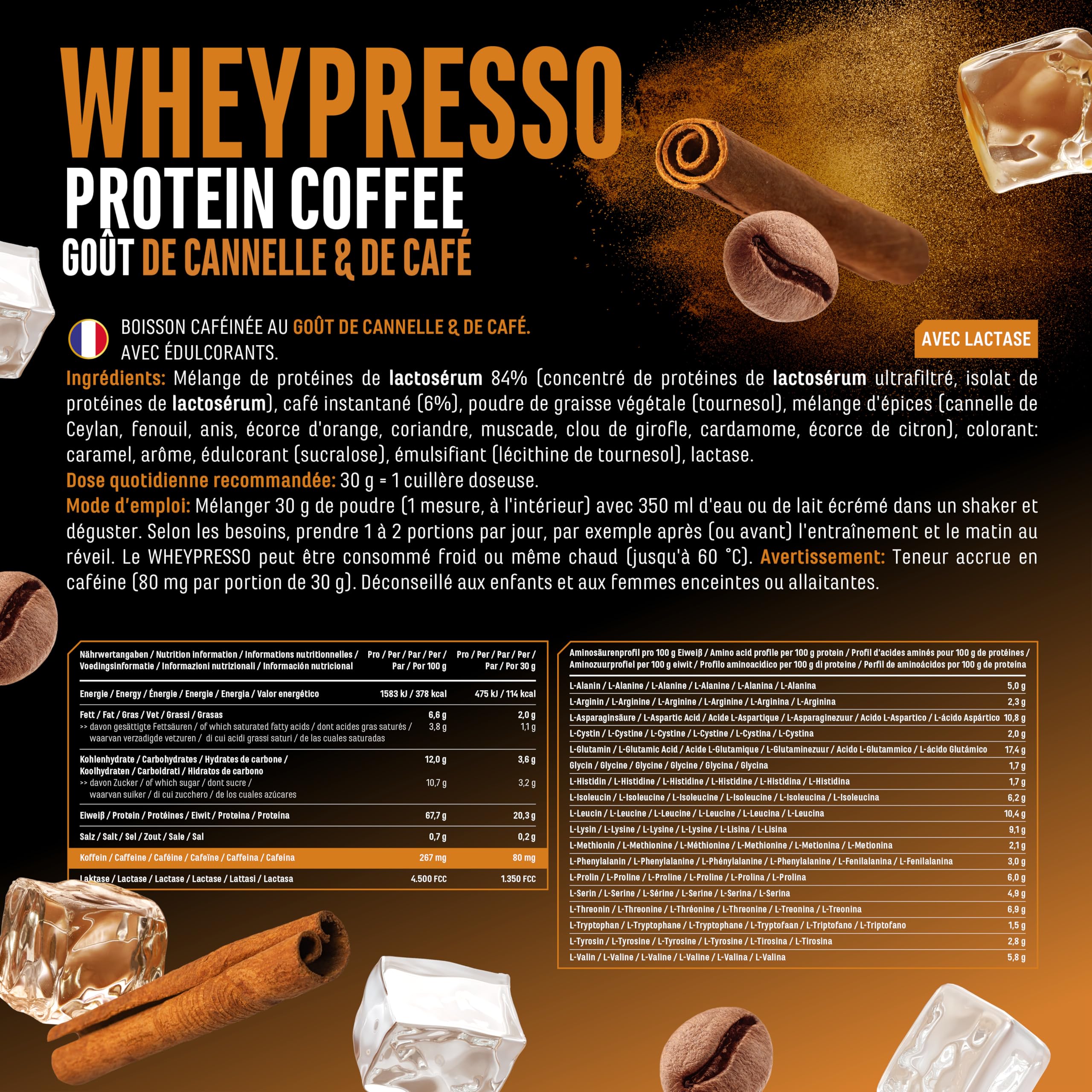 Wheypresso Protein Coffee - Poudre de protéine avec concentré de whey & isolat - Avec du vrai café & de la caféine - Boisson crémeuse à haute protéine - (908 g, Café Latte à la Cannelle)