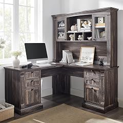 OKD 60 L Shaped Executive Desk with Hutch and Drawers Farmhouse Home Office Desk with Charging Station File