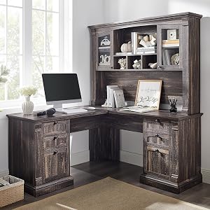 OKD 60 L Shaped Executive Desk with Hutch and Drawers Farmhouse Home Office Desk with Charging Station File