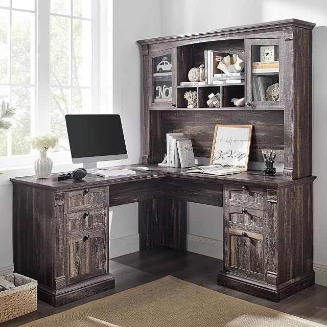 OKD 60 L Shaped Executive Desk with Hutch and Drawers Farmhouse Home Office Desk with Charging Station File