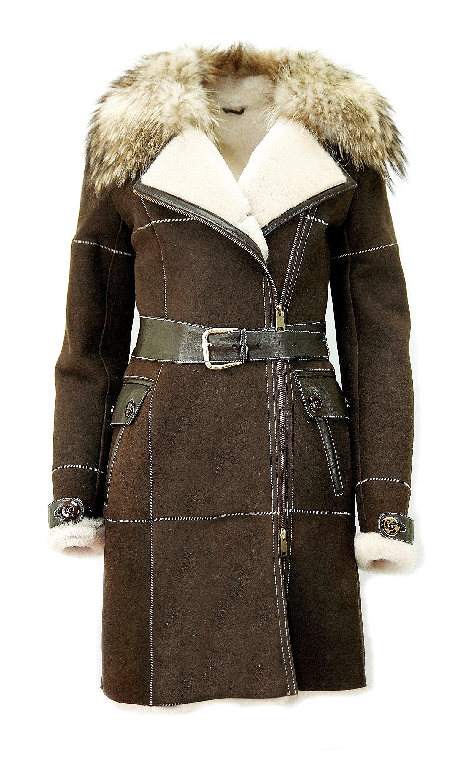 DX-Exclusive Wear Women's Sheepskin Coat, Lambskin Coat, Leather, Fur Coat with Raccon KPKD-0003