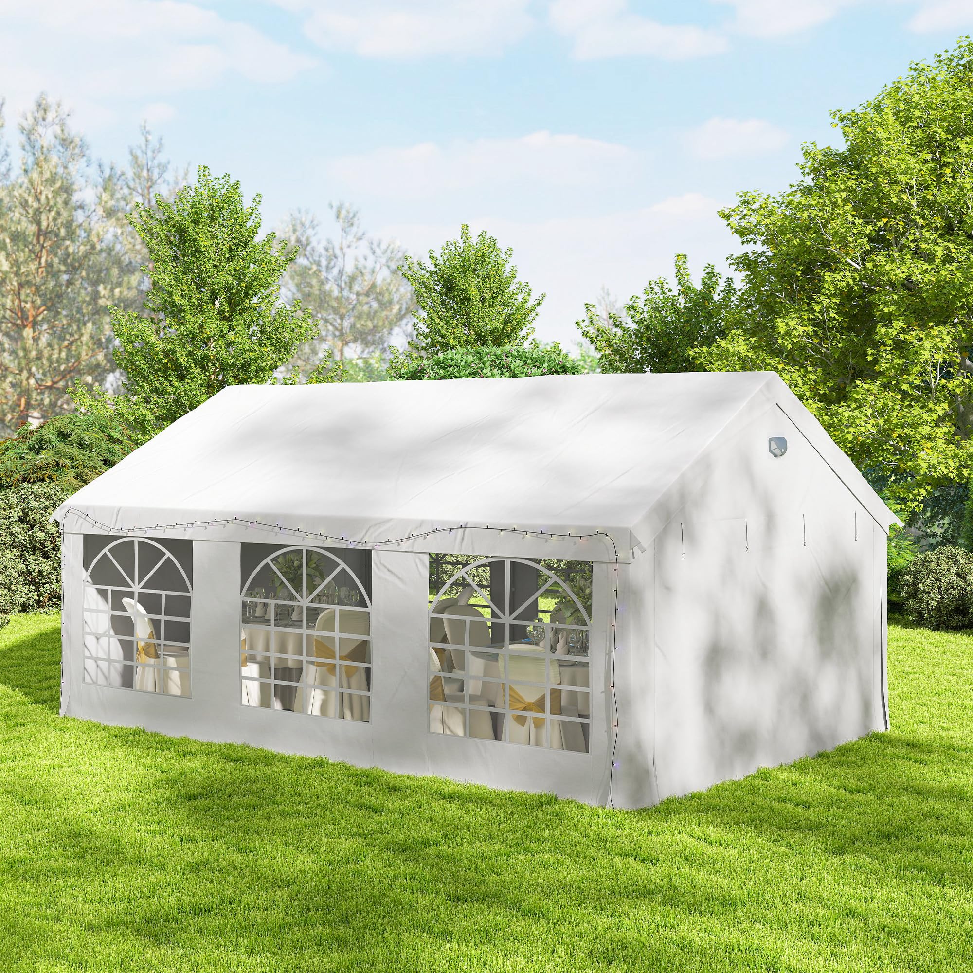 Outsunny Tendone per Feste 4x6 m con Luci LED, Gazebo da Giardino in Acciaio Zincato con Porte a Cerniera, Finestre, Pareti Laterali Rimovibili, Gazebo da Esterno per Matrimoni Eventi Raduni, Bianco
