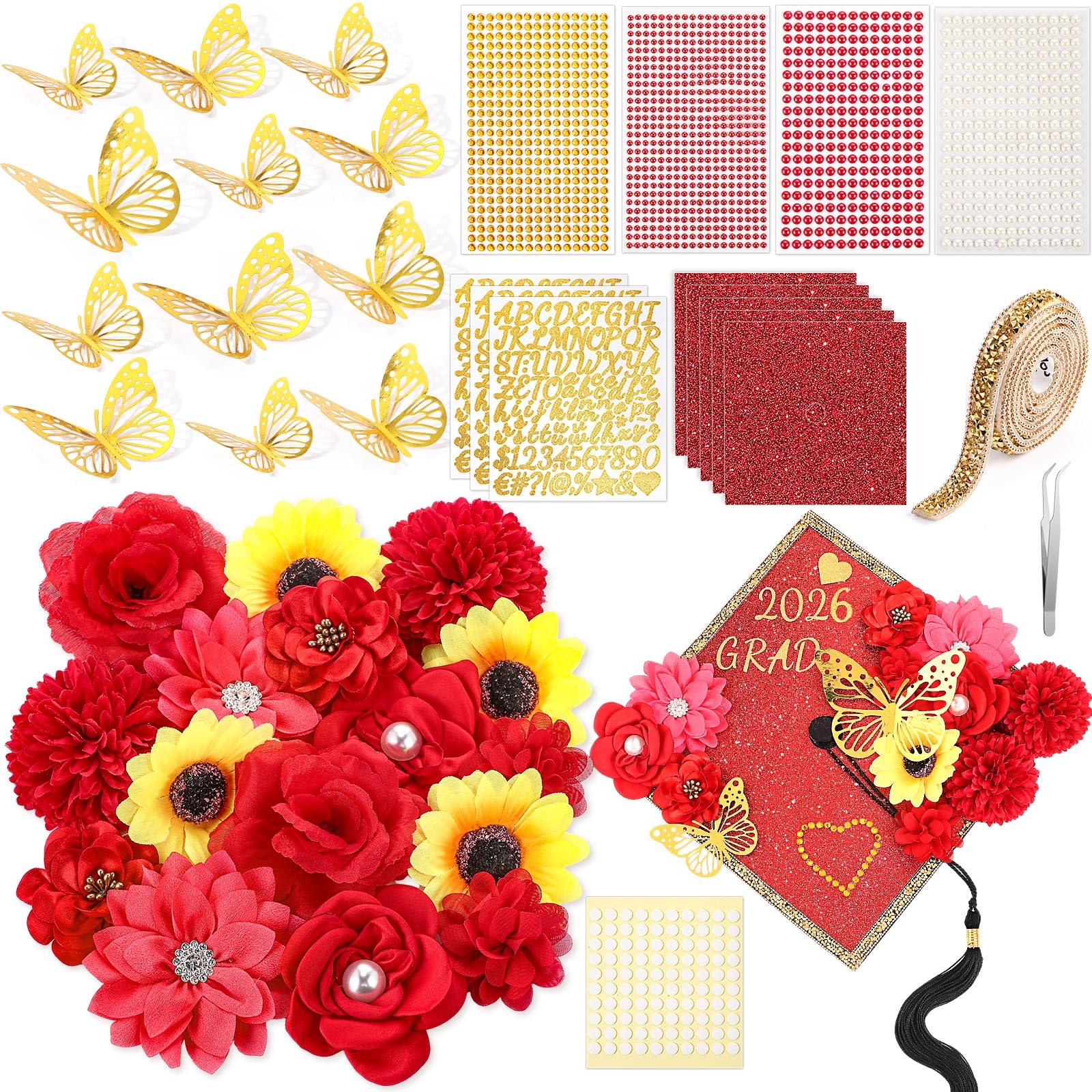 Wavwavw 43 PCS DIY Graduation Cap Decorations Kit, Grad Cap Decorations Included Faux Flowers 3D Butterfly Self Adhesive Rhinestones Stickers Alphabet