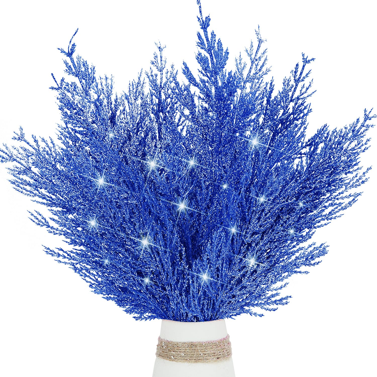 Artificial Glitter Pine Tree Twig Ornaments, 16 Pieces Christmas Artificial Pine Branches Faux Cedar Picks Decorative Sticks Glittery Stems for Vase Fillers Holiday Winter Wedding Decor (Royal blue)