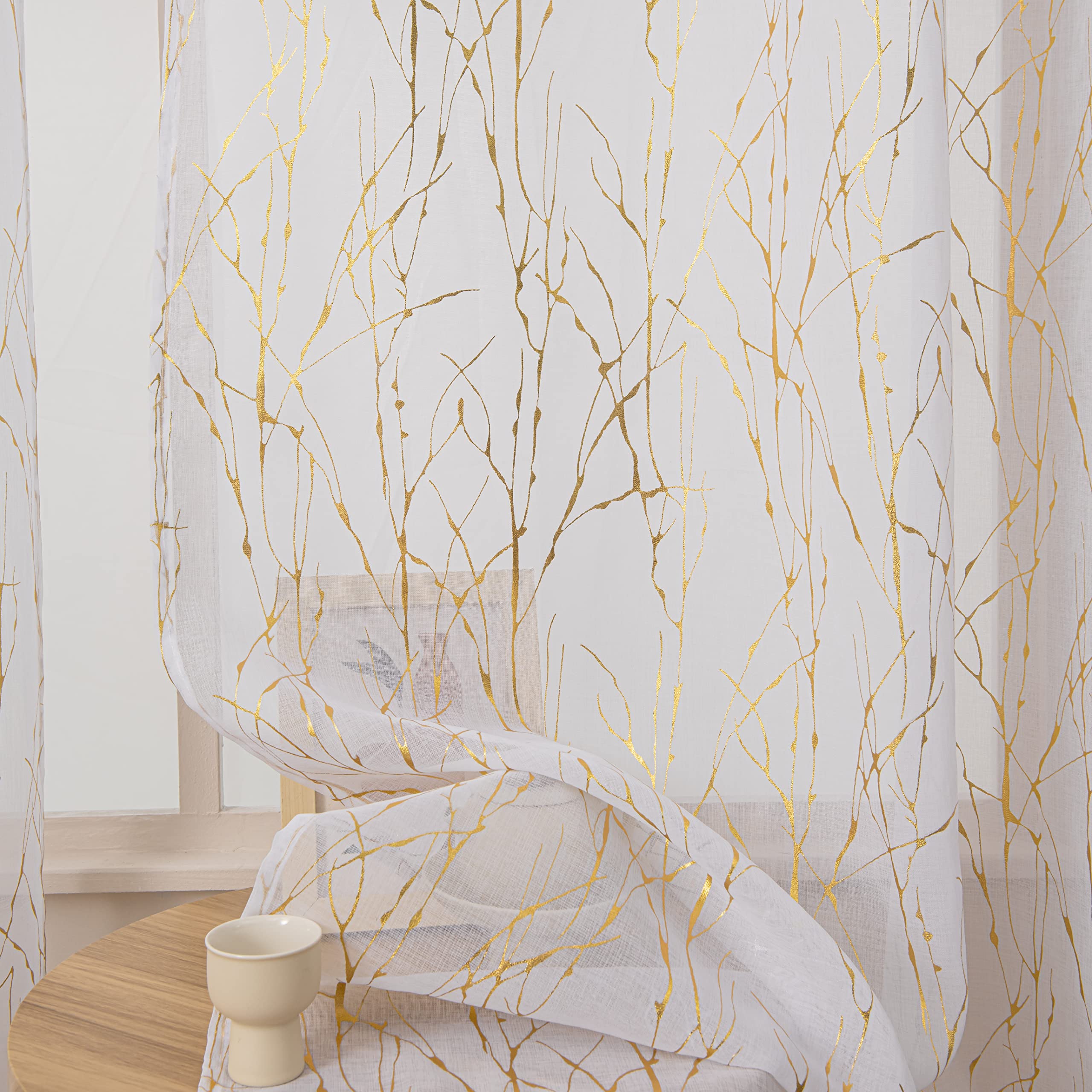 Sutuo Home White Sheer Curtains 84 Inches Long 2 Panels Set, Gold Foil Print Metallic Bronzing Branch, Privacy Voile Window Treatment Decor Drape Pair for Bedroom Living Room 52" W x 84" L