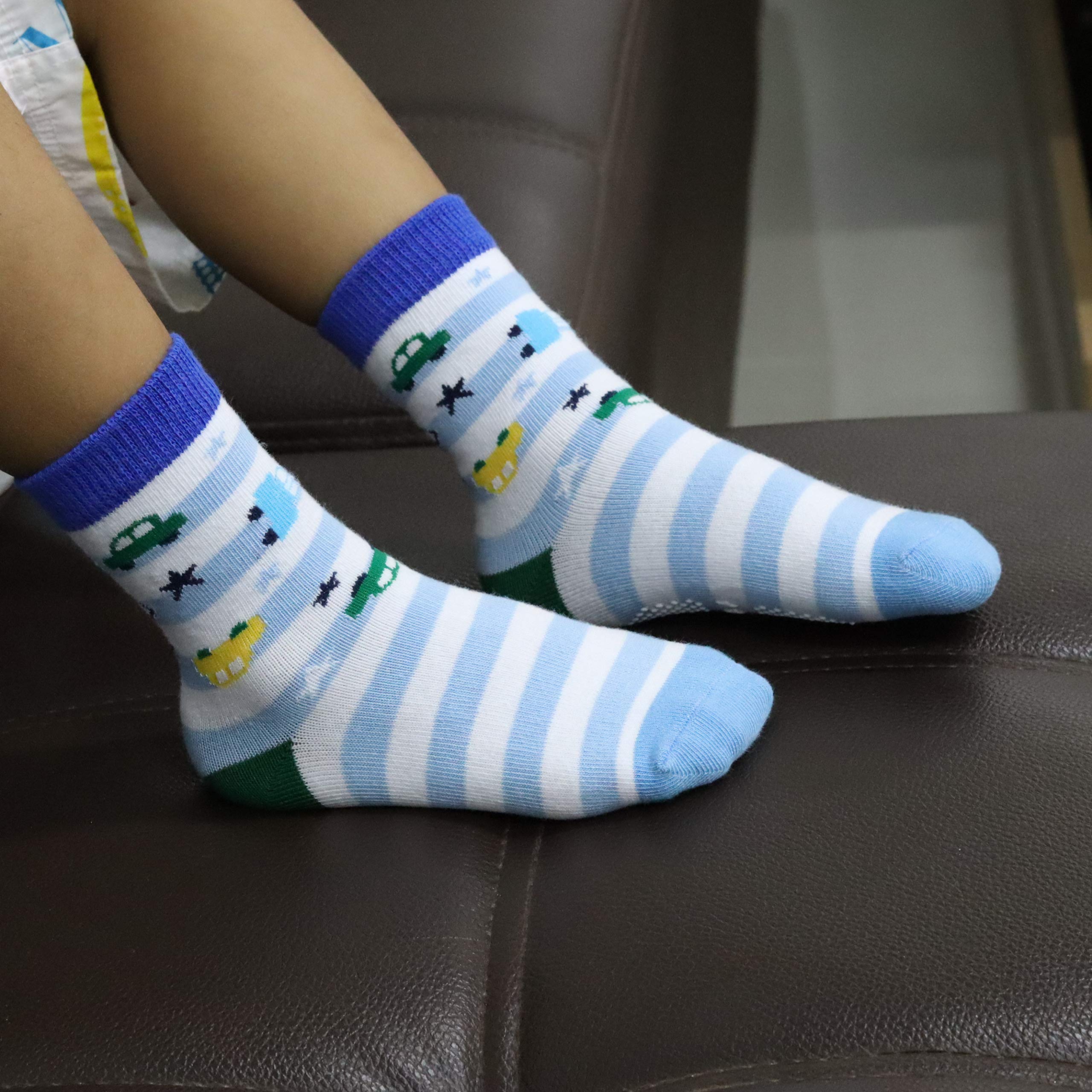 RATIVE RB-71317 Non Skid Anti Slip Slipper Cotton Striped Crew Dress Socks with Grips for Baby Toddler Boys (18-36 Months, 12 designs/RB-913915) 4