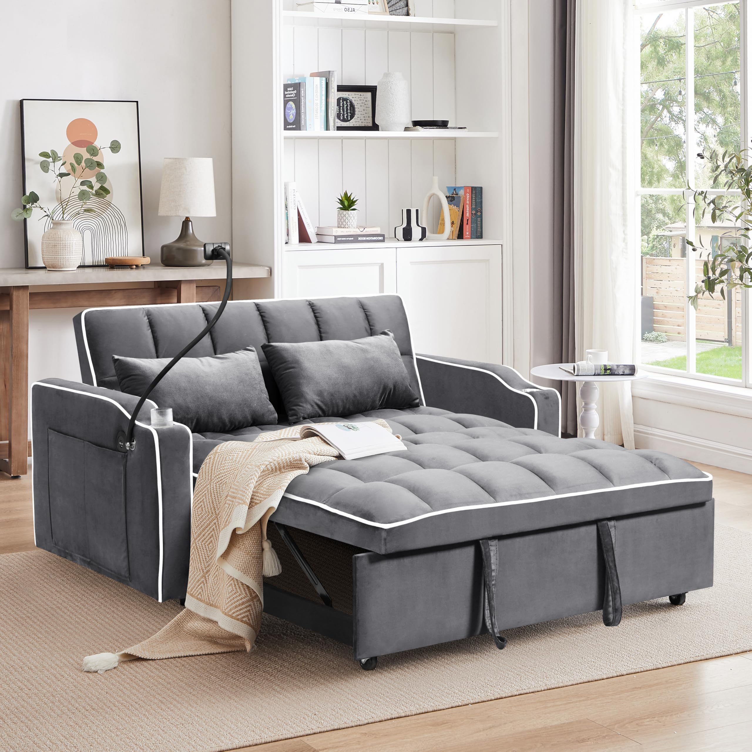 TTK 3-in-1 Convertible Velvet Sleeper Sofa Bed, Pull-Out Loveseat with Adjustable Backrest, USB Port & 2 Pillows, Swivel Phone Stand & Storage Pockets