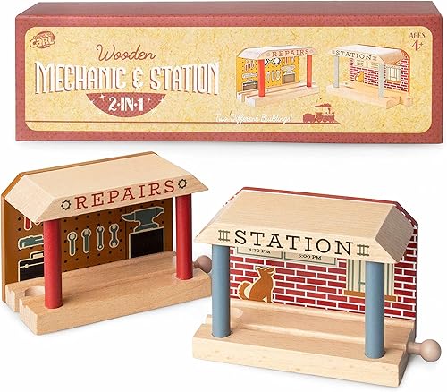 Mecánico de vías de tren de madera y edificio de servicio de estación - Conductor Carl 2 en 1 Servicio mecánico y estación de tren para personalizar