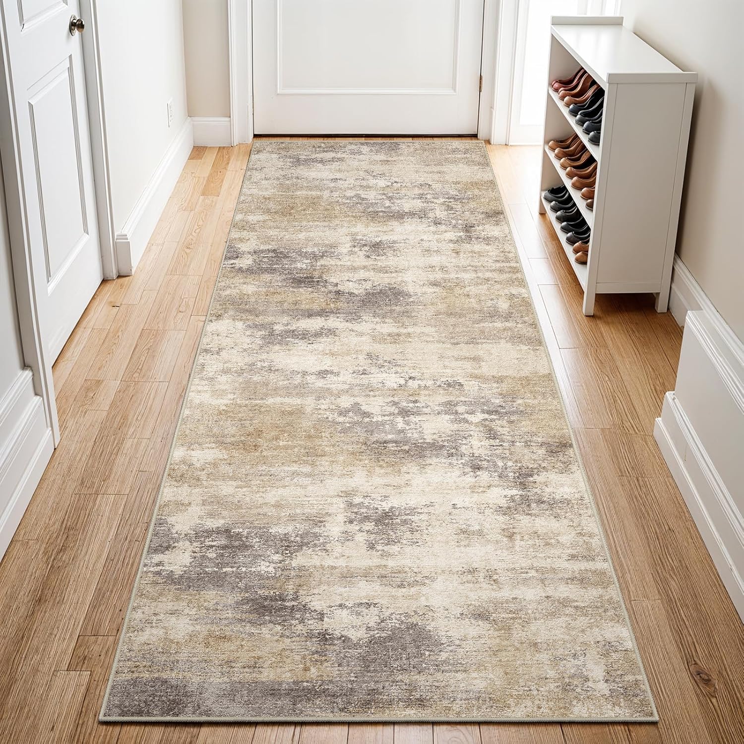 2x5 Kitchen Washable Runner Rug - Hallway Runner Rug with TPR Rubber Backing Non-Slip Low-Pile & Stain Resistant Neutral Modern Abstract for Entryway Bedroom (Brown Beige, 2x5)